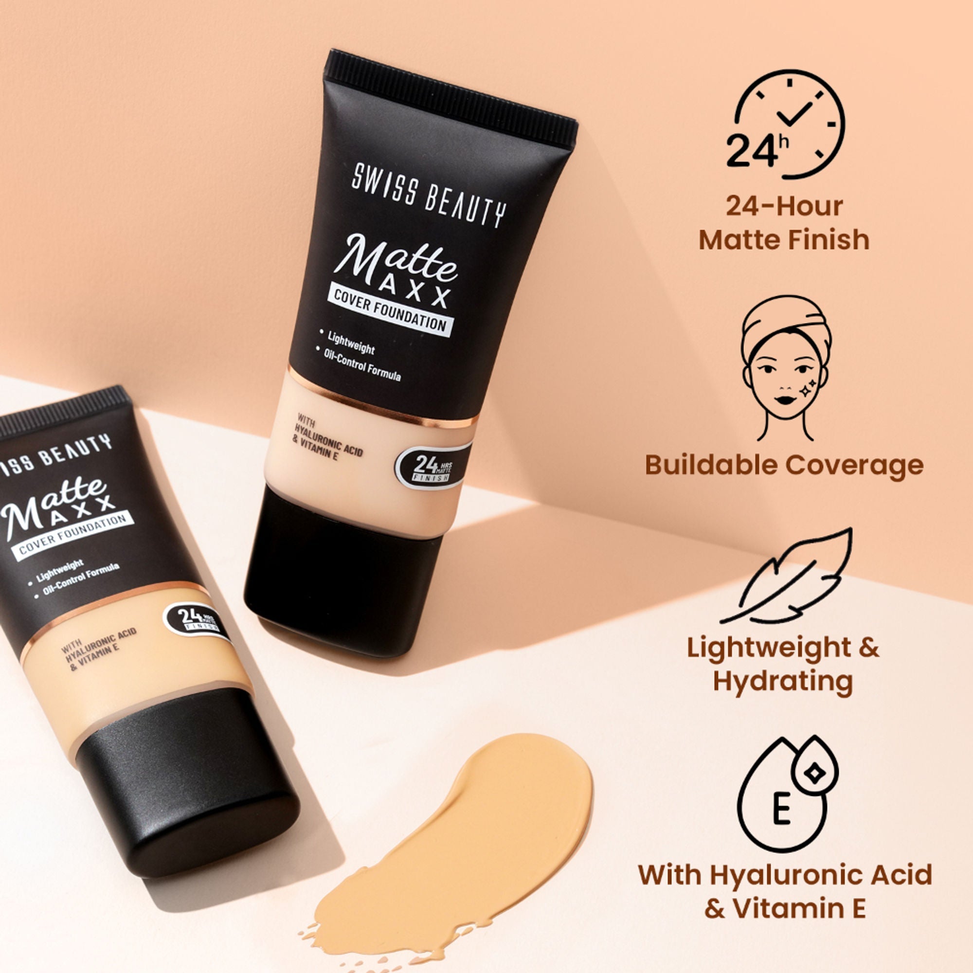 Swiss Beauty Matte Maxx Cover Foundation with Hyaluronic Acid & Vitamin E - 2 Ivory Cool