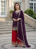 Teeya Creation Wine Chinon Silk Embroidery Work Party Wear Palazzo Pair