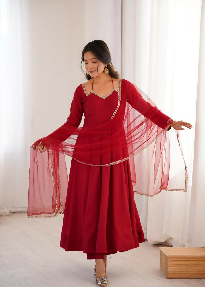Lehenga Mart Designer Anarkali Suit With Kurta, Pant, Dupatta For Women-Maroon