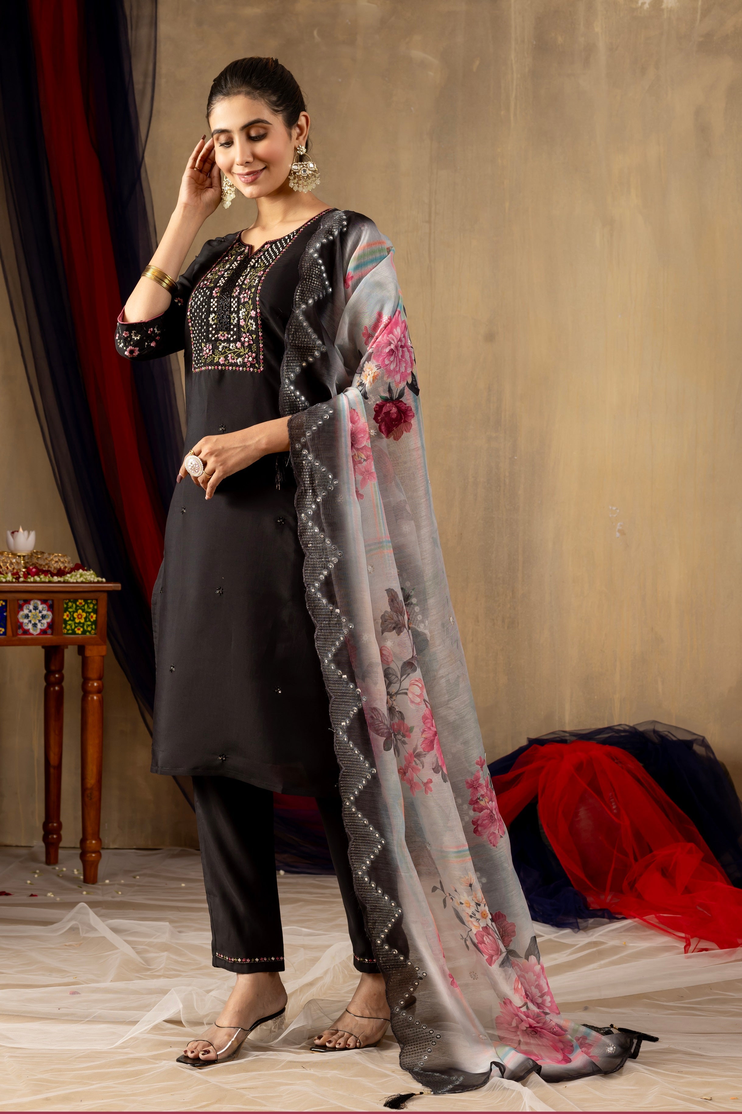 Vedant Vastram Roman Silk Embroidery & Sequence Work Stitched Kurta Pant Dupatta Set-Black