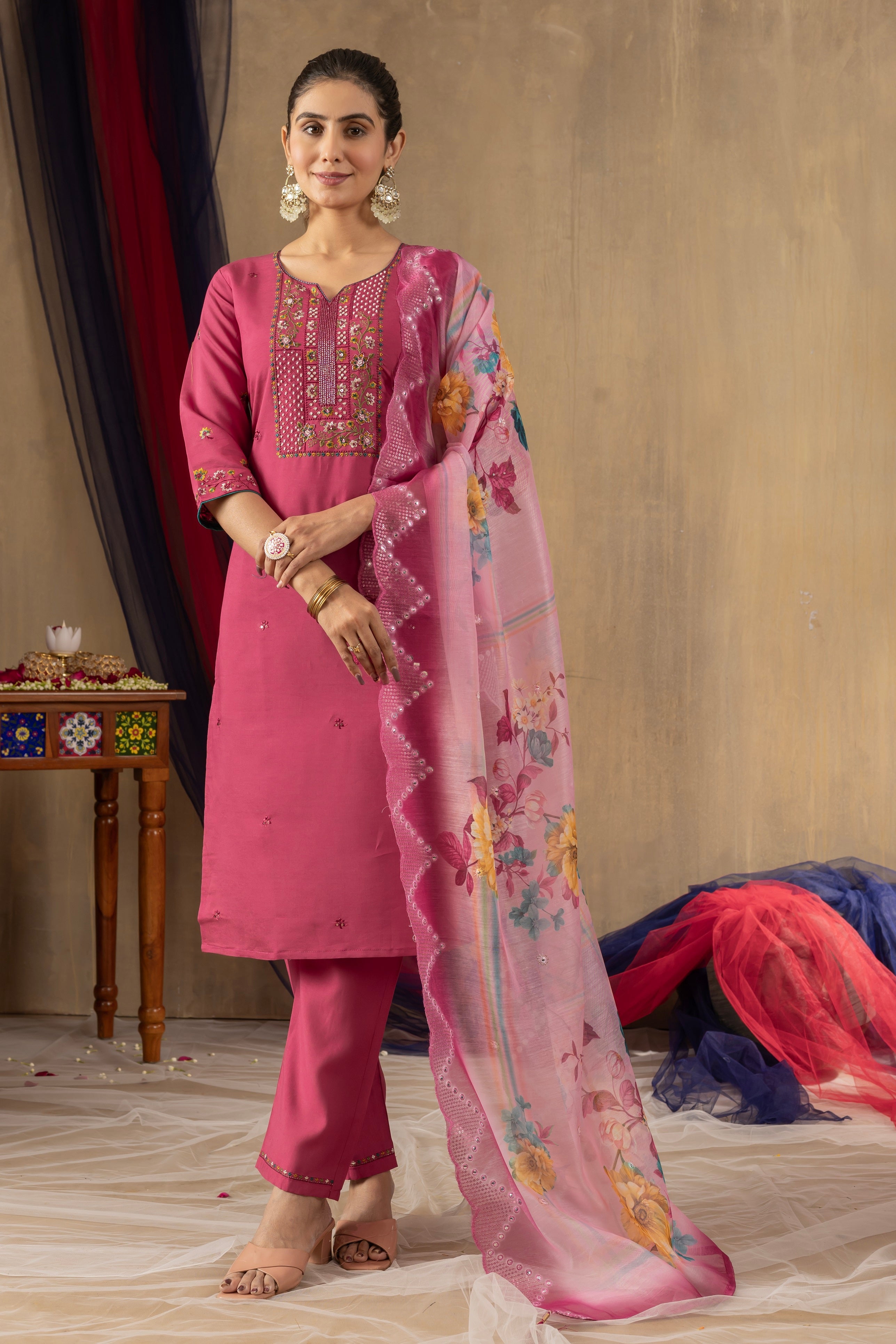 Vedant Vastram Roman Silk Embroidery & Sequence Work Stitched Kurta Pant Dupatta Set-Pink