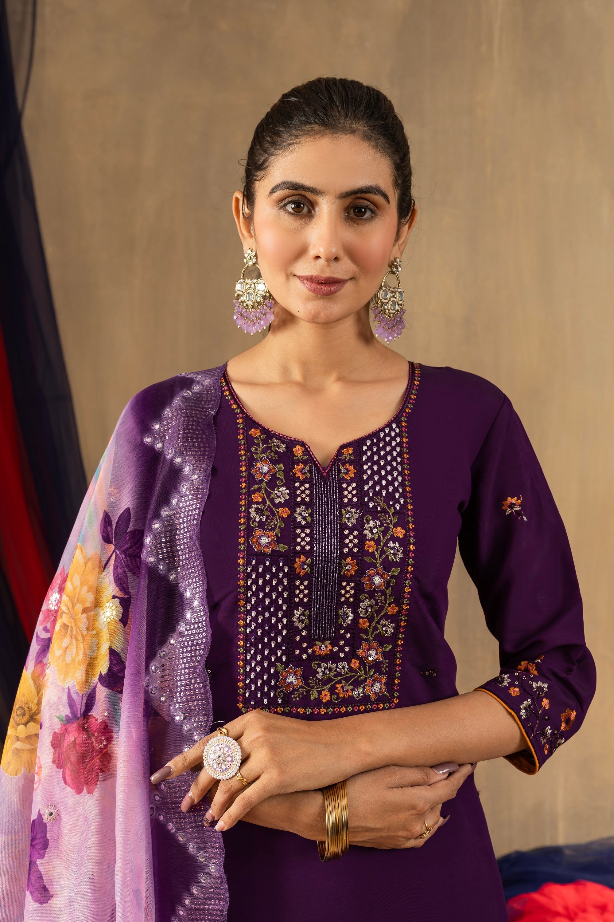 Vedant Vastram Roman Silk Embroidery & Sequence Work Stitched Kurta Pant Dupatta Set-Purple