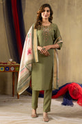 Vedant Vastram Simmer Silk Hand Work & Embroidery Work Stitched Kurta Pant Dupatta Set-Green