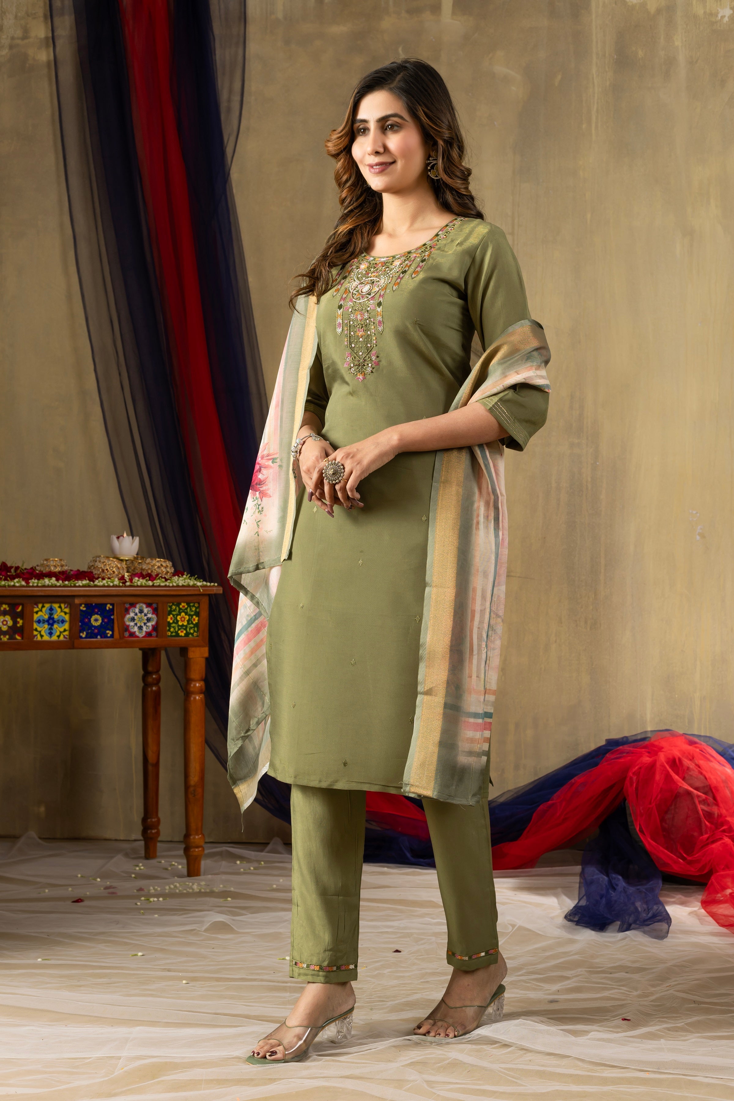 Vedant Vastram Simmer Silk Hand Work & Embroidery Work Stitched Kurta Pant Dupatta Set-Green