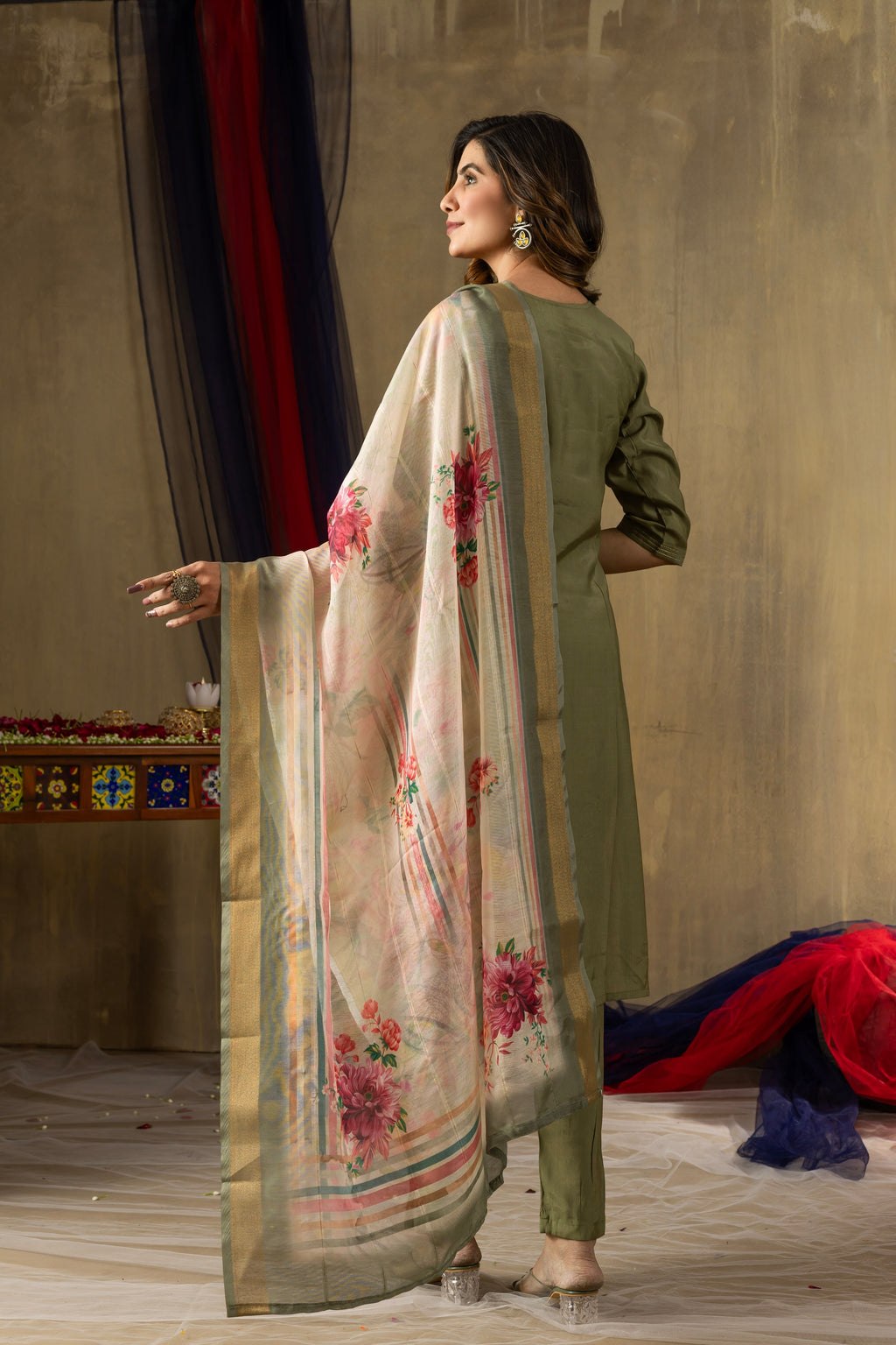 Vedant Vastram Simmer Silk Hand Work & Embroidery Work Stitched Kurta Pant Dupatta Set-Green