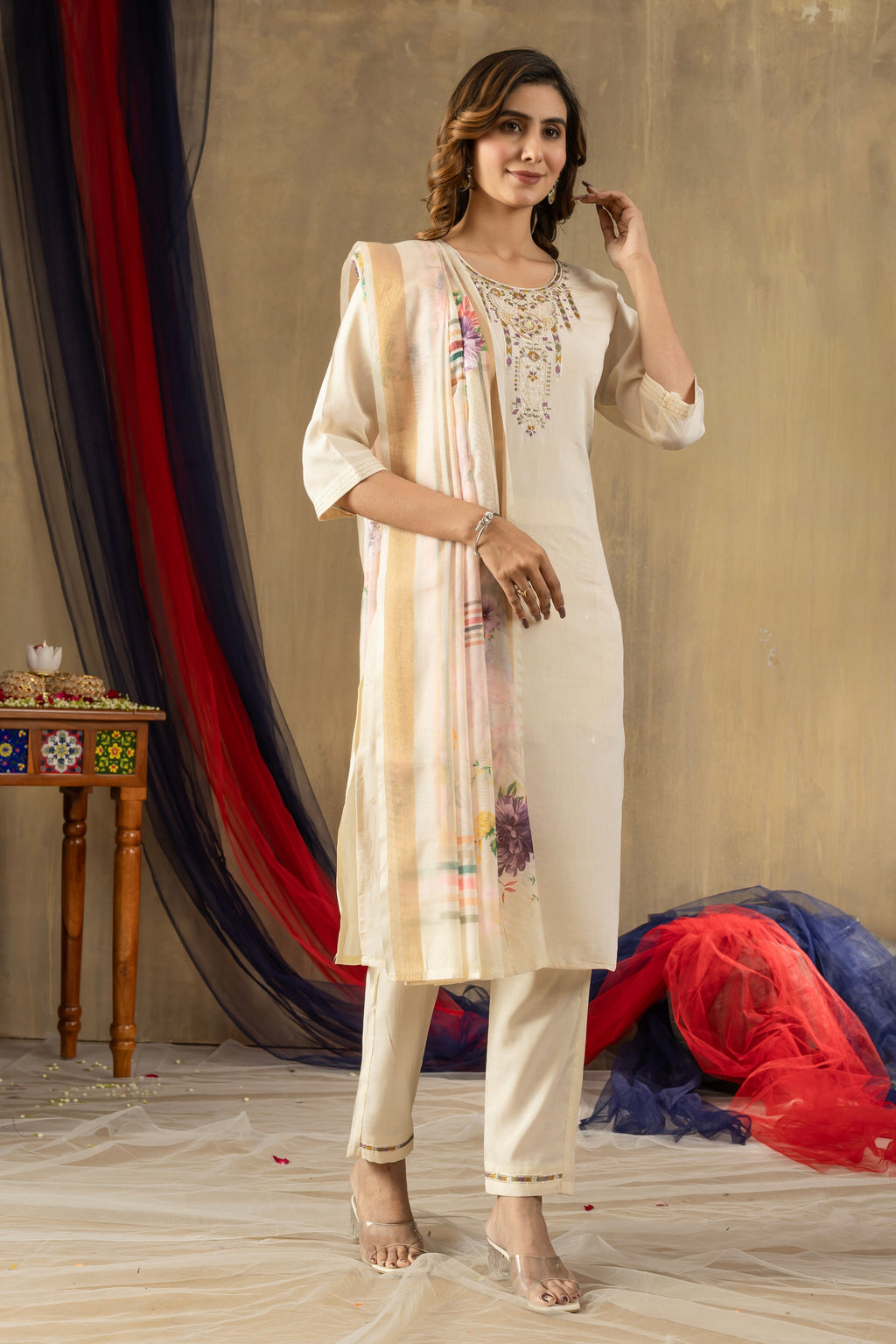 Vedant Vastram Simmer Silk Hand Work & Embroidery Work Stitched Kurta Pant Dupatta Set-Off White