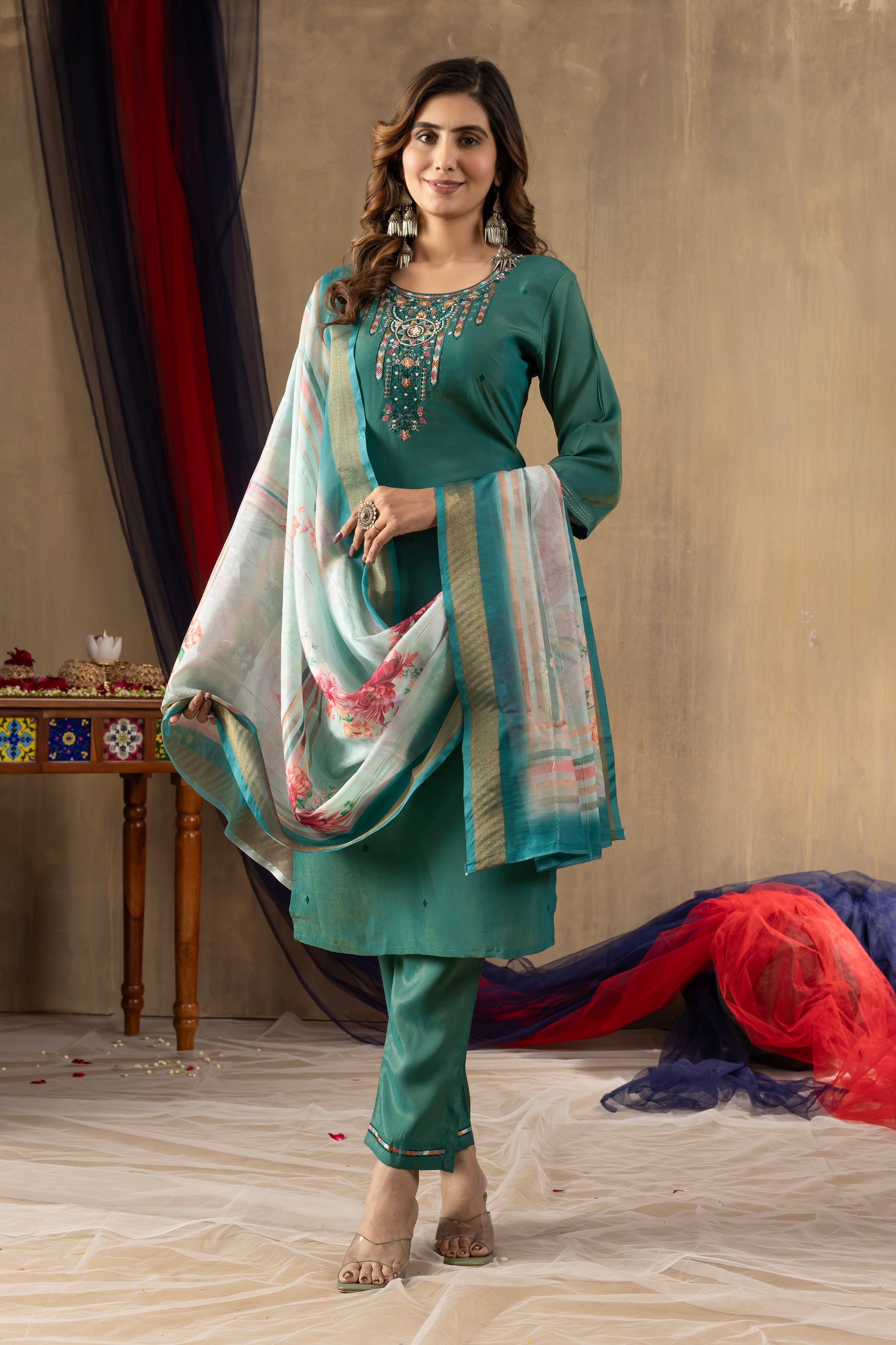 Vedant Vastram Simmer Silk Hand Work & Embroidery Work Stitched Kurta Pant Dupatta Set-Rama Green