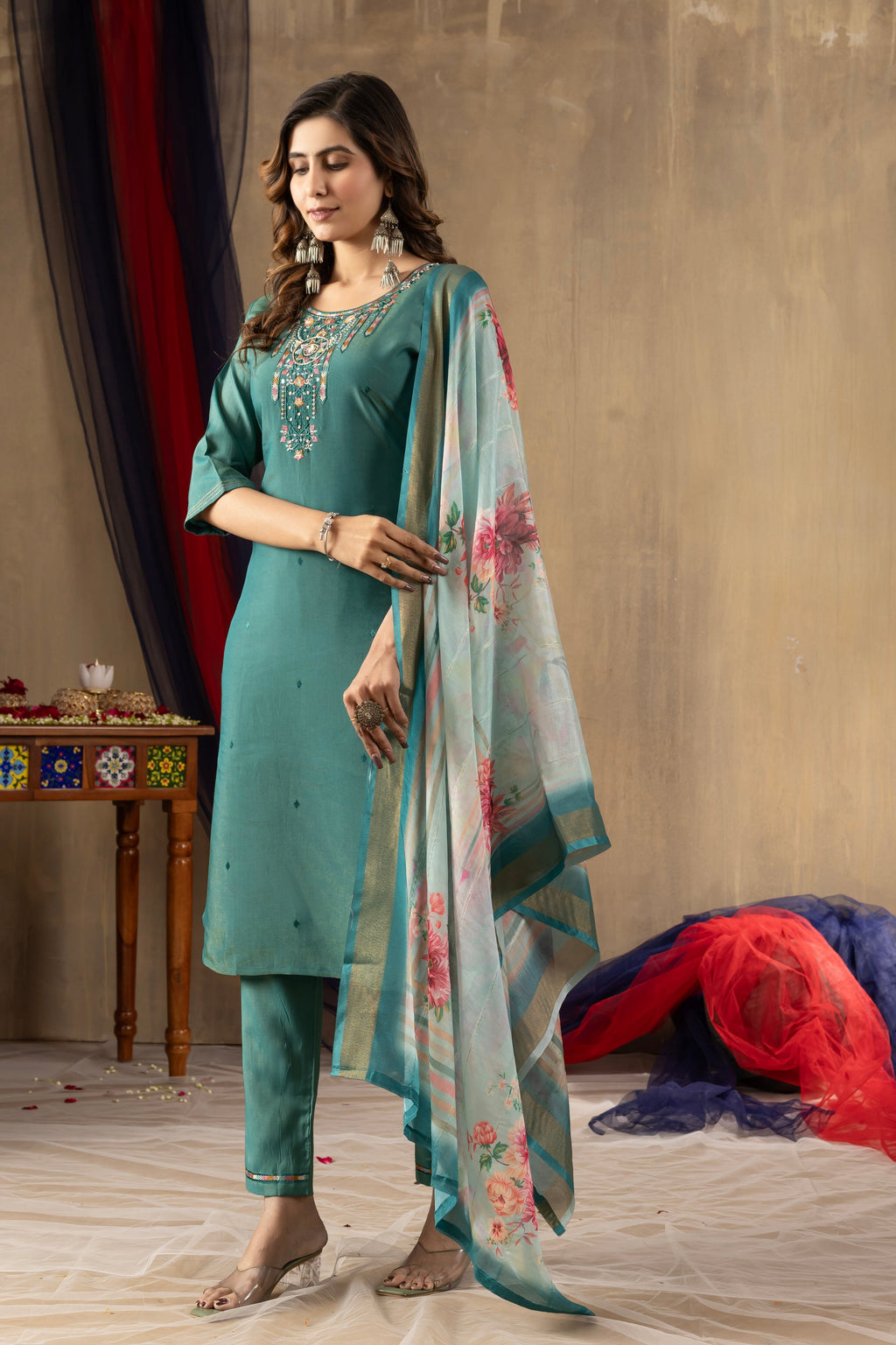 Vedant Vastram Simmer Silk Hand Work & Embroidery Work Stitched Kurta Pant Dupatta Set-Rama Green