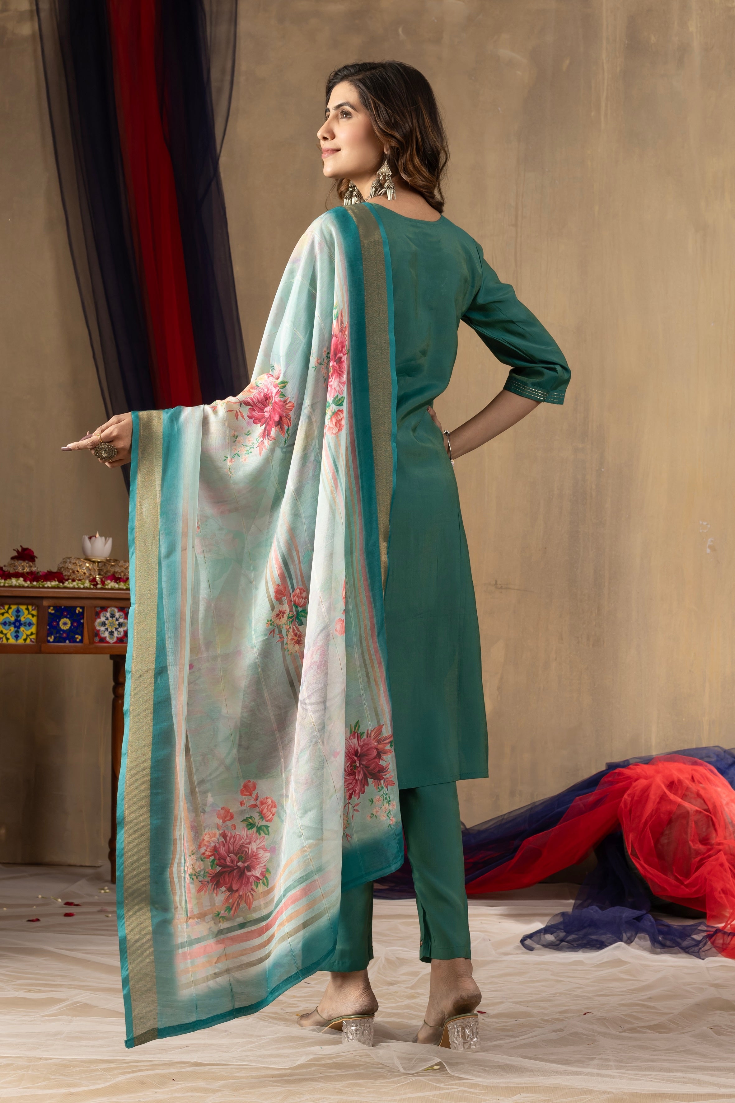 Vedant Vastram Simmer Silk Hand Work & Embroidery Work Stitched Kurta Pant Dupatta Set-Rama Green