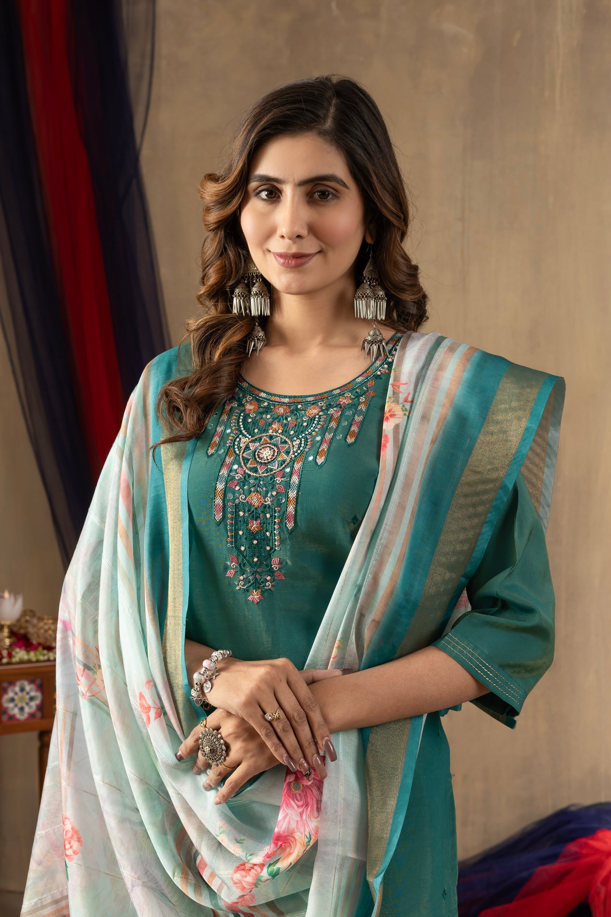 Vedant Vastram Simmer Silk Hand Work & Embroidery Work Stitched Kurta Pant Dupatta Set-Rama Green