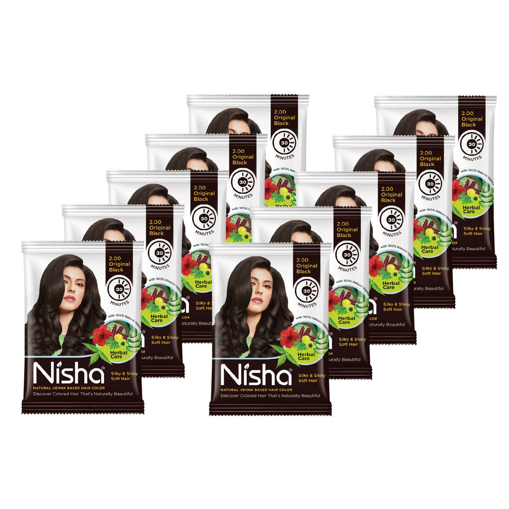Nisha Henna Based Hair Colour for Women & Men - Original Black (Pack of 10)