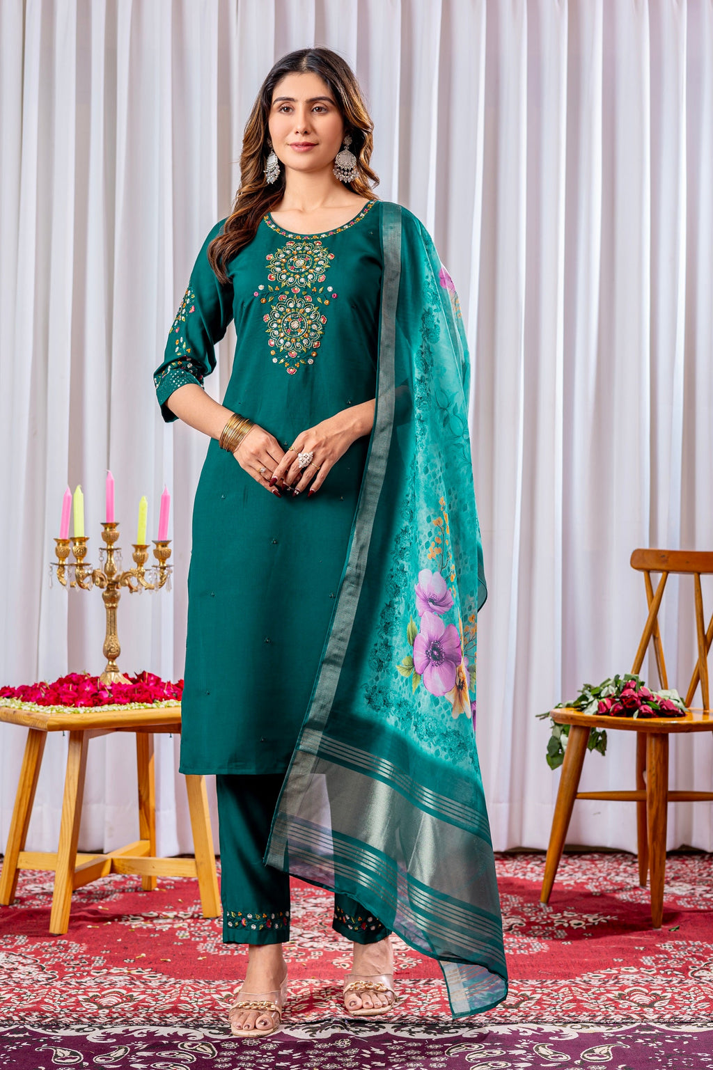 Vedant Vastram Viscose Silk Hand Work & Embroidery Work Stitched Kurta Pant Dupatta Set-Green