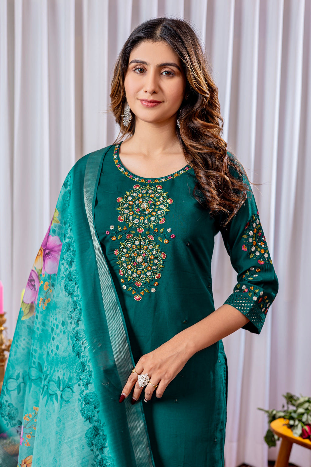 Vedant Vastram Viscose Silk Hand Work & Embroidery Work Stitched Kurta Pant Dupatta Set-Green