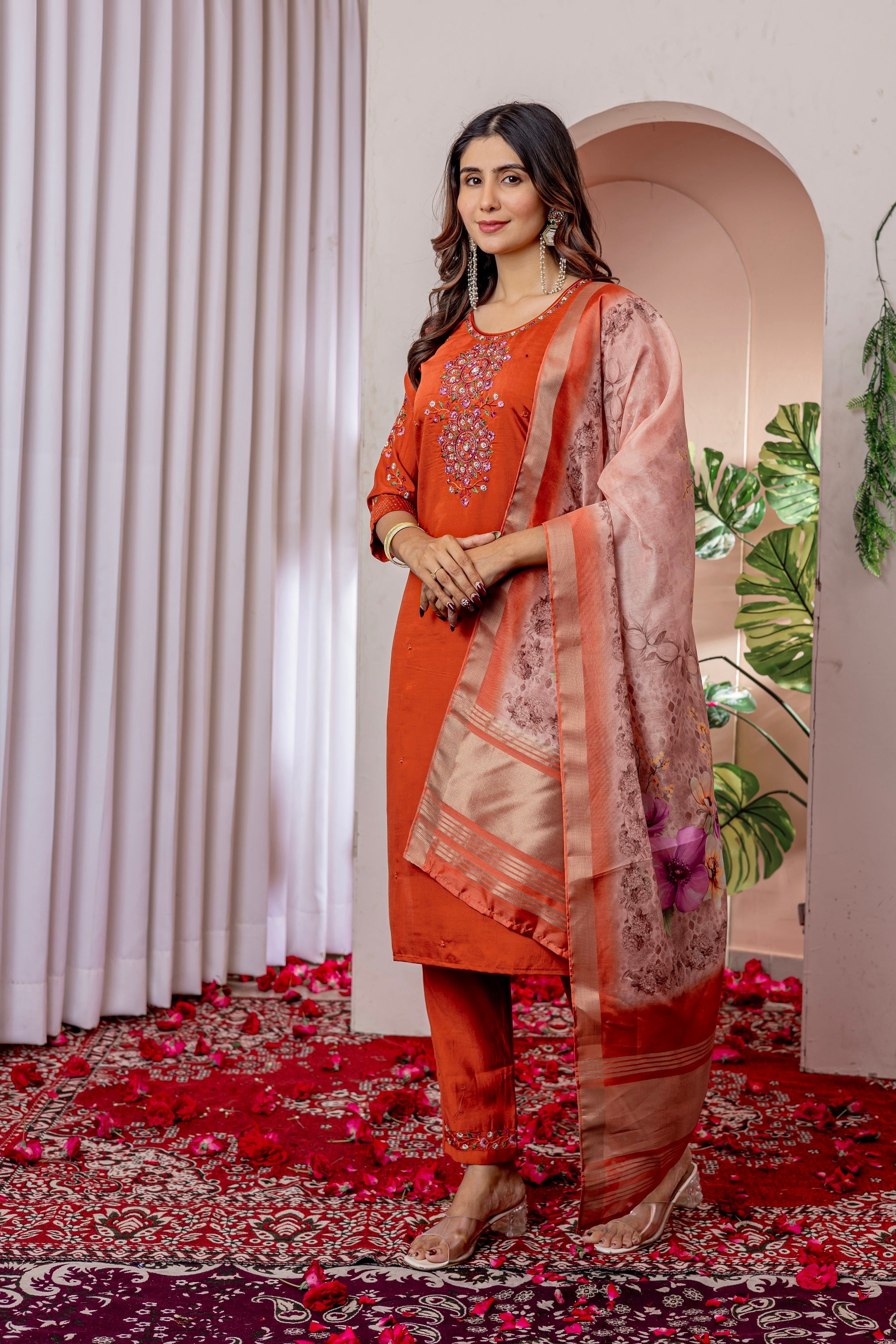 Vedant Vastram Viscose Silk Hand Work & Embroidery Work Stitched Kurta Pant Dupatta Set-Orange