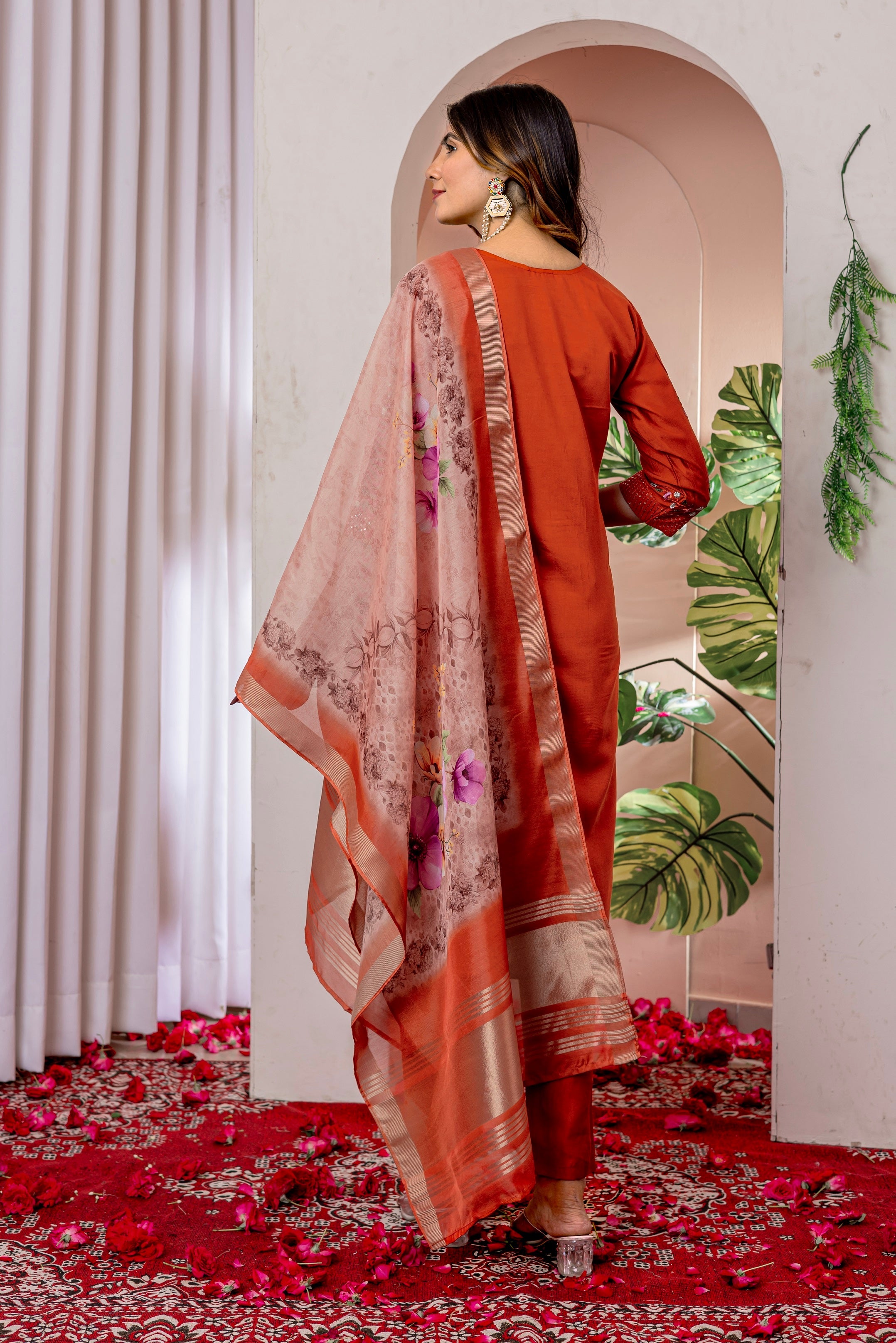 Vedant Vastram Viscose Silk Hand Work & Embroidery Work Stitched Kurta Pant Dupatta Set-Orange