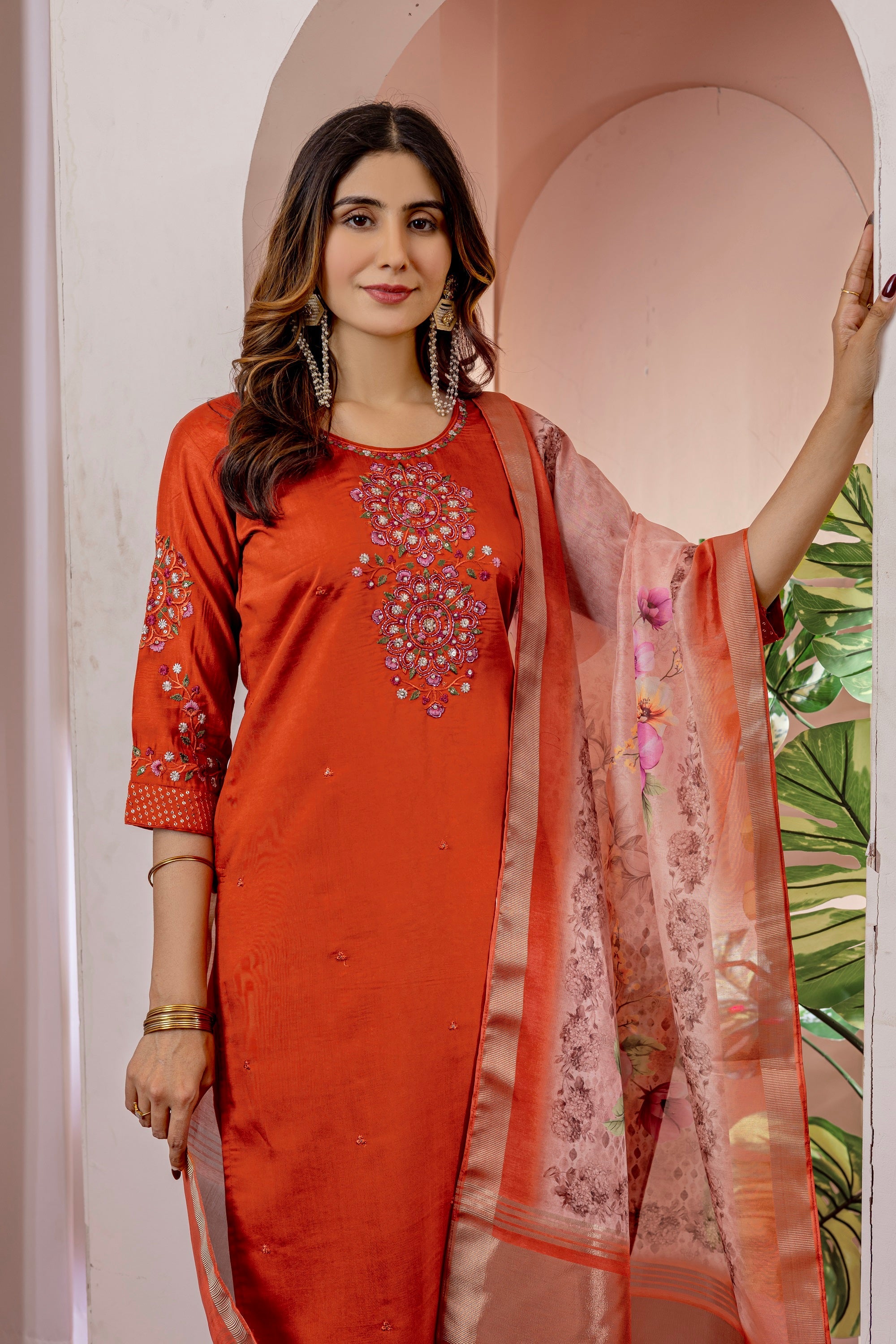 Vedant Vastram Viscose Silk Hand Work & Embroidery Work Stitched Kurta Pant Dupatta Set-Orange