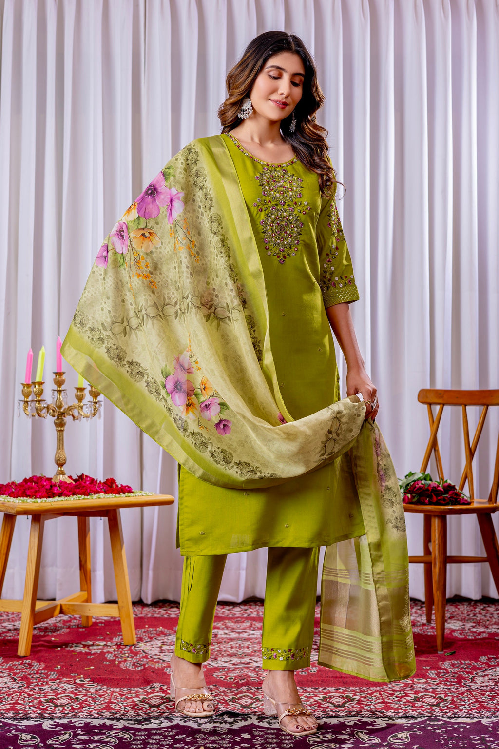 Vedant Vastram Viscose Silk Hand Work & Embroidery Work Stitched Kurta Pant Dupatta Set-Parrot Green