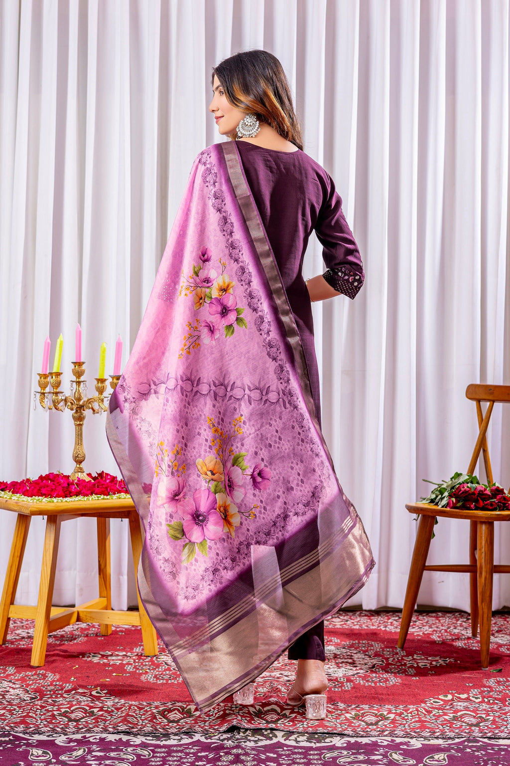Vedant Vastram Viscose Silk Hand Work & Embroidery Work Stitched Kurta Pant Dupatta Set-Wine