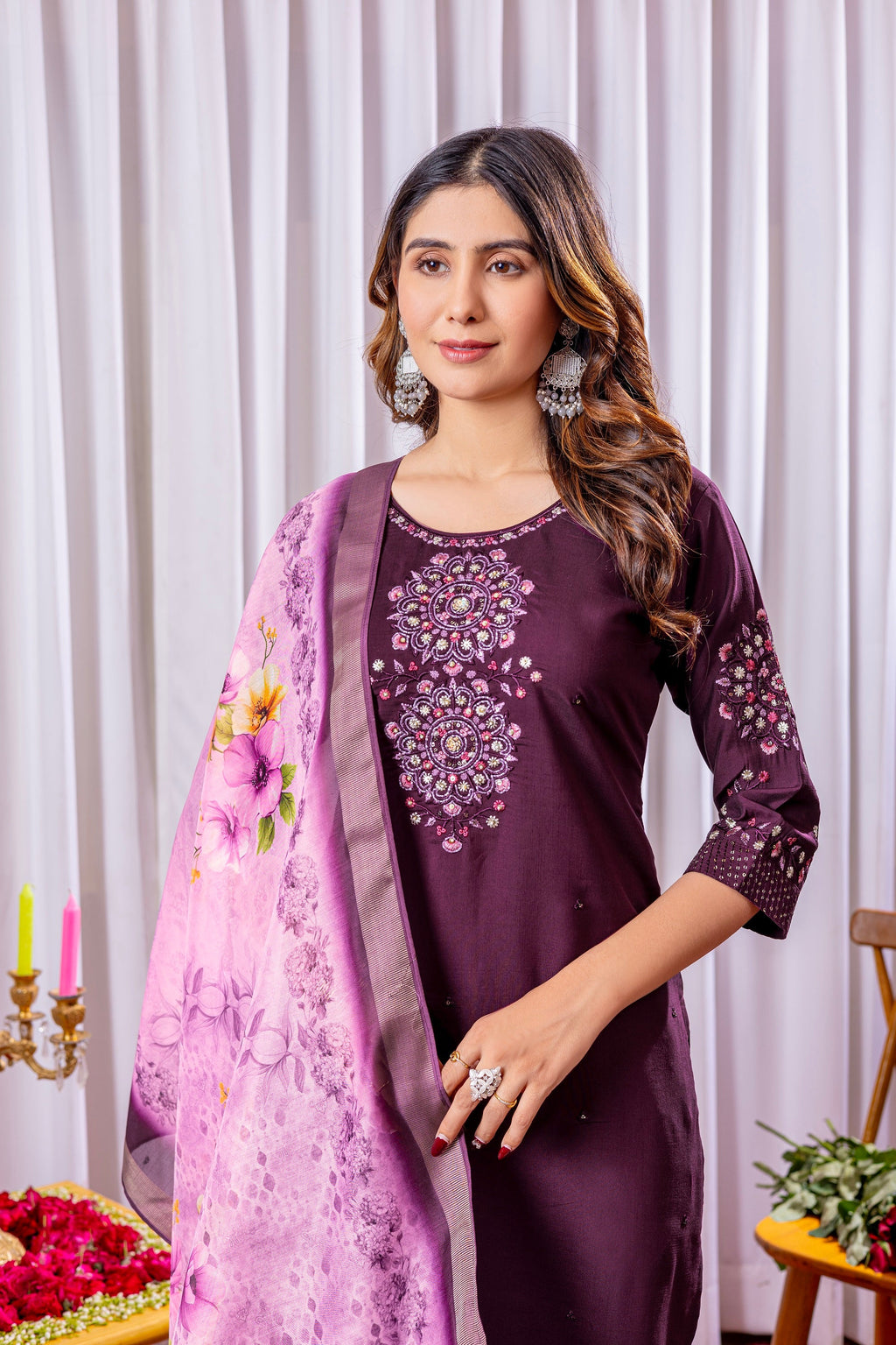 Vedant Vastram Viscose Silk Hand Work & Embroidery Work Stitched Kurta Pant Dupatta Set-Wine