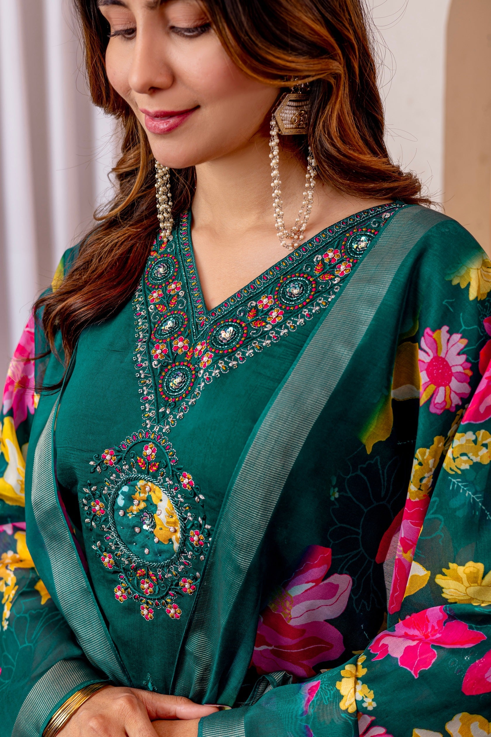 Vedant Vastram Viscose Silk Embroidery & Sequence Work Stitched Kurta Pant Dupatta Set-Green