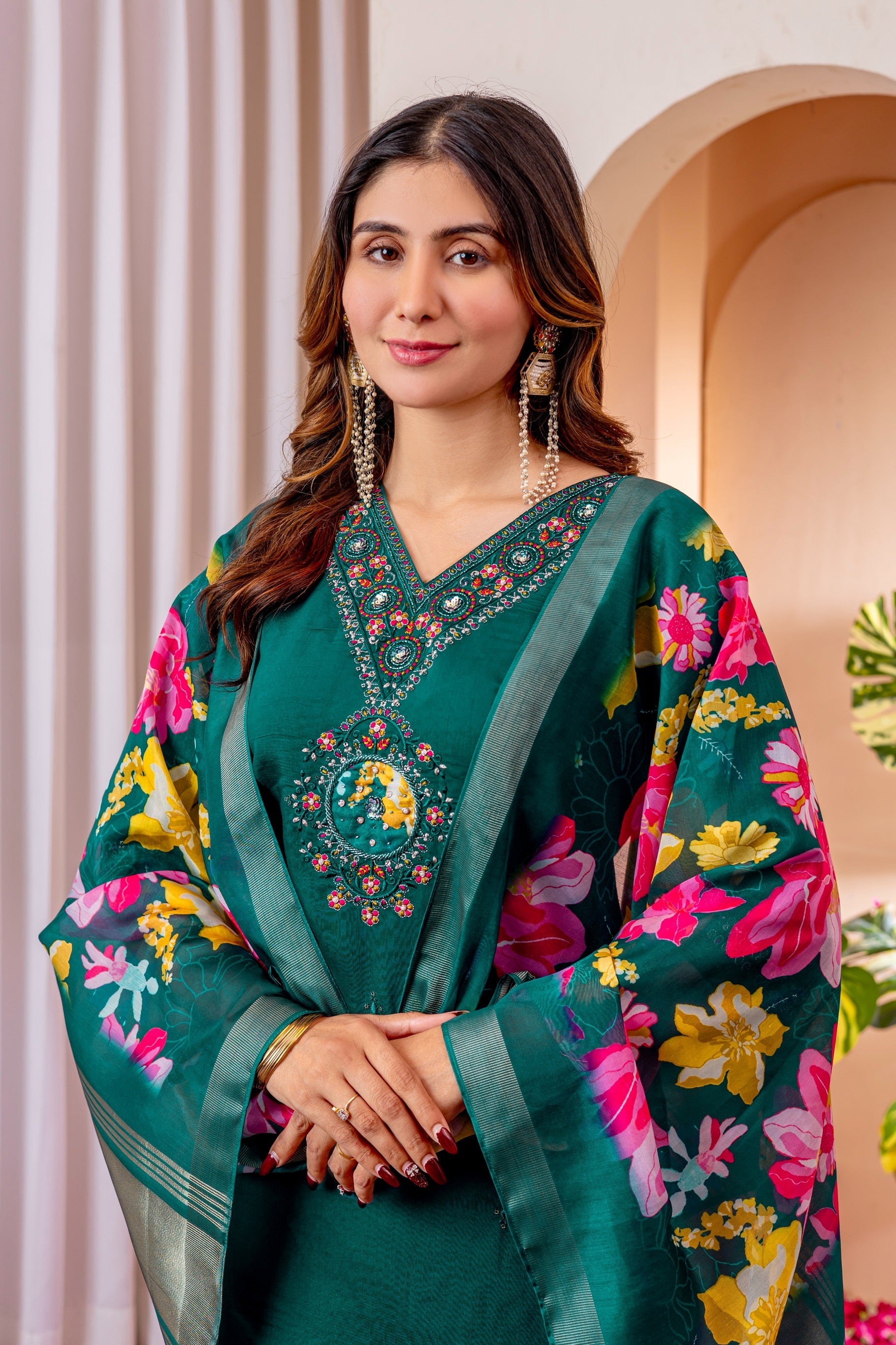 Vedant Vastram Viscose Silk Embroidery & Sequence Work Stitched Kurta Pant Dupatta Set-Green