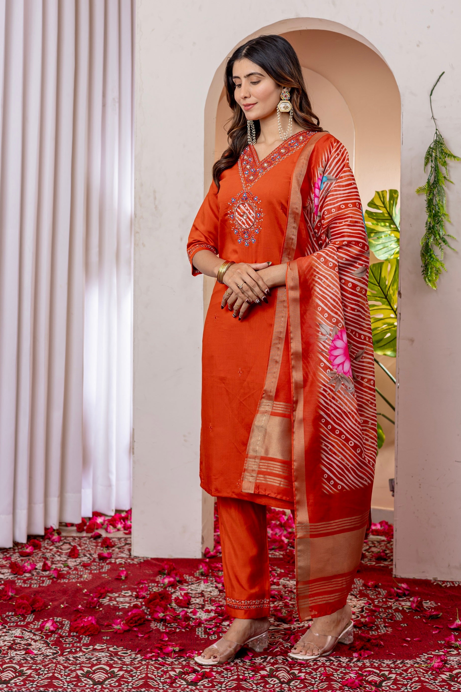 Vedant Vastram Viscose Silk Embroidery & Sequence Work Stitched Kurta Pant Dupatta Set-Orange