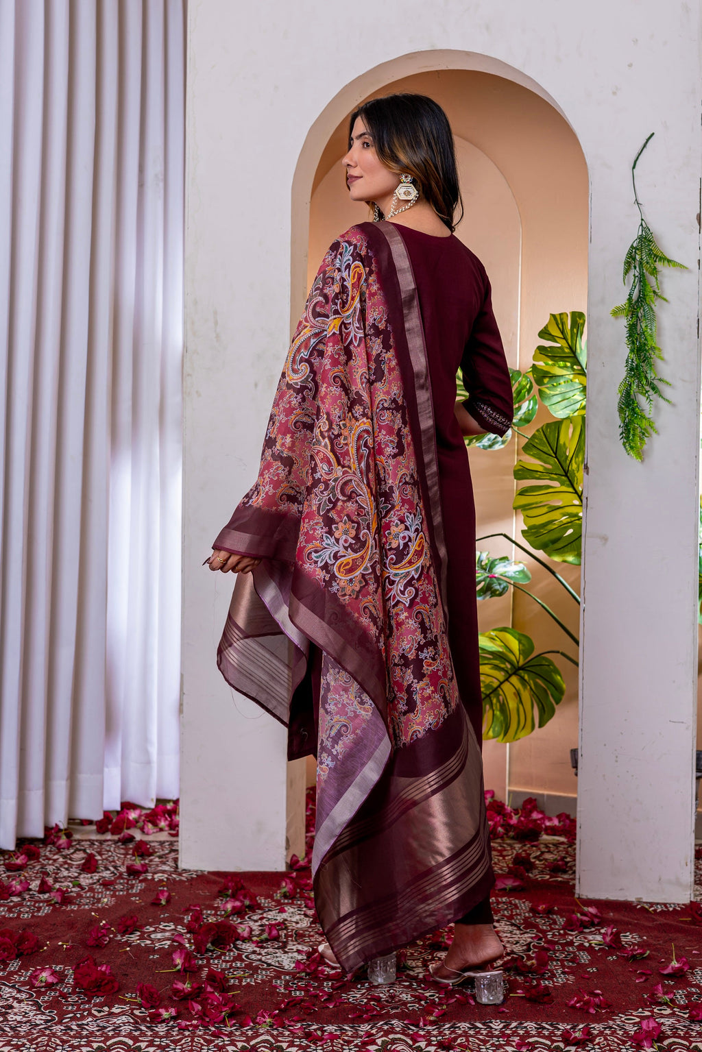 Vedant Vastram Viscose Silk Embroidery & Sequence Work Stitched Kurta Pant Dupatta Set-Wine
