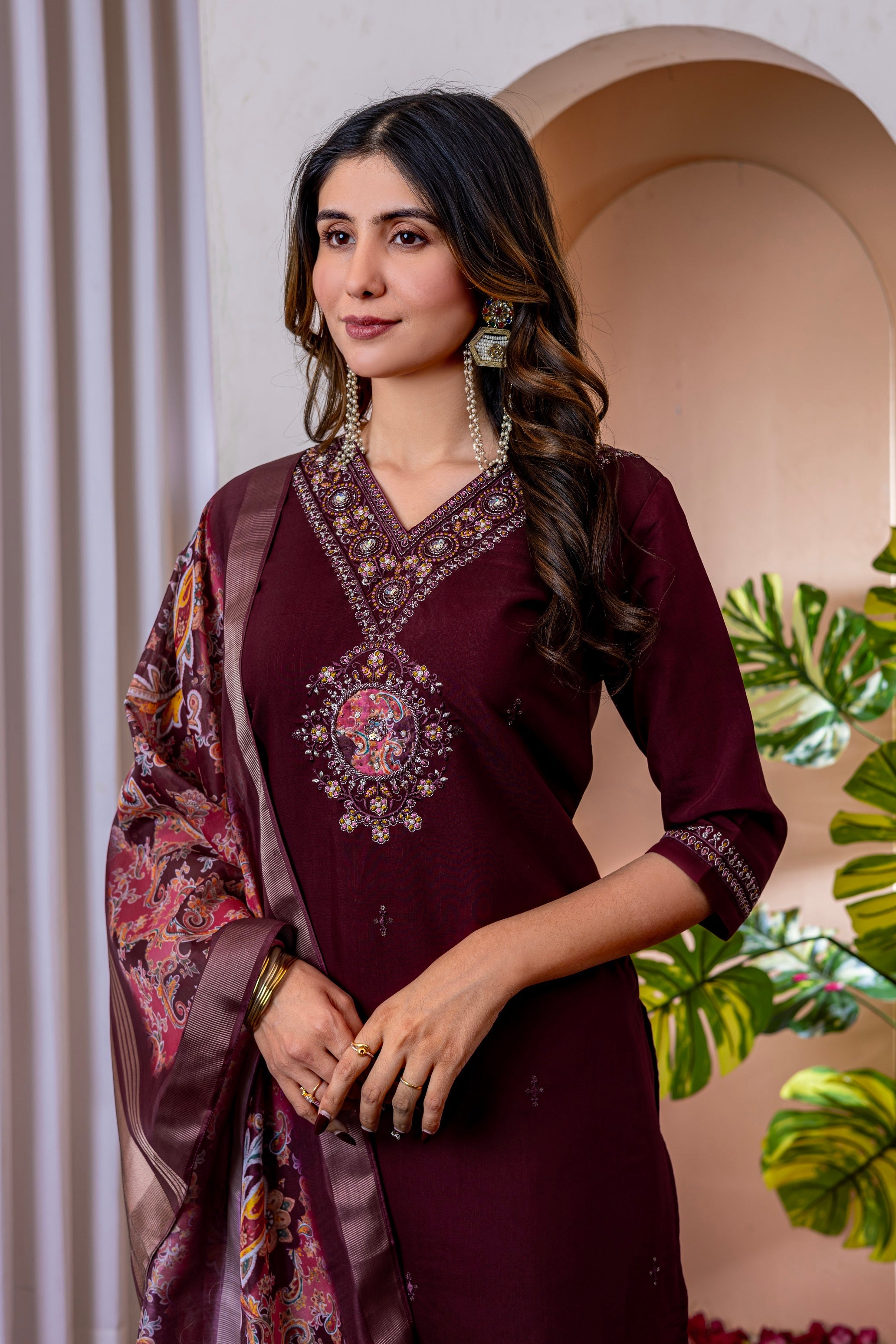 Vedant Vastram Viscose Silk Embroidery & Sequence Work Stitched Kurta Pant Dupatta Set-Wine