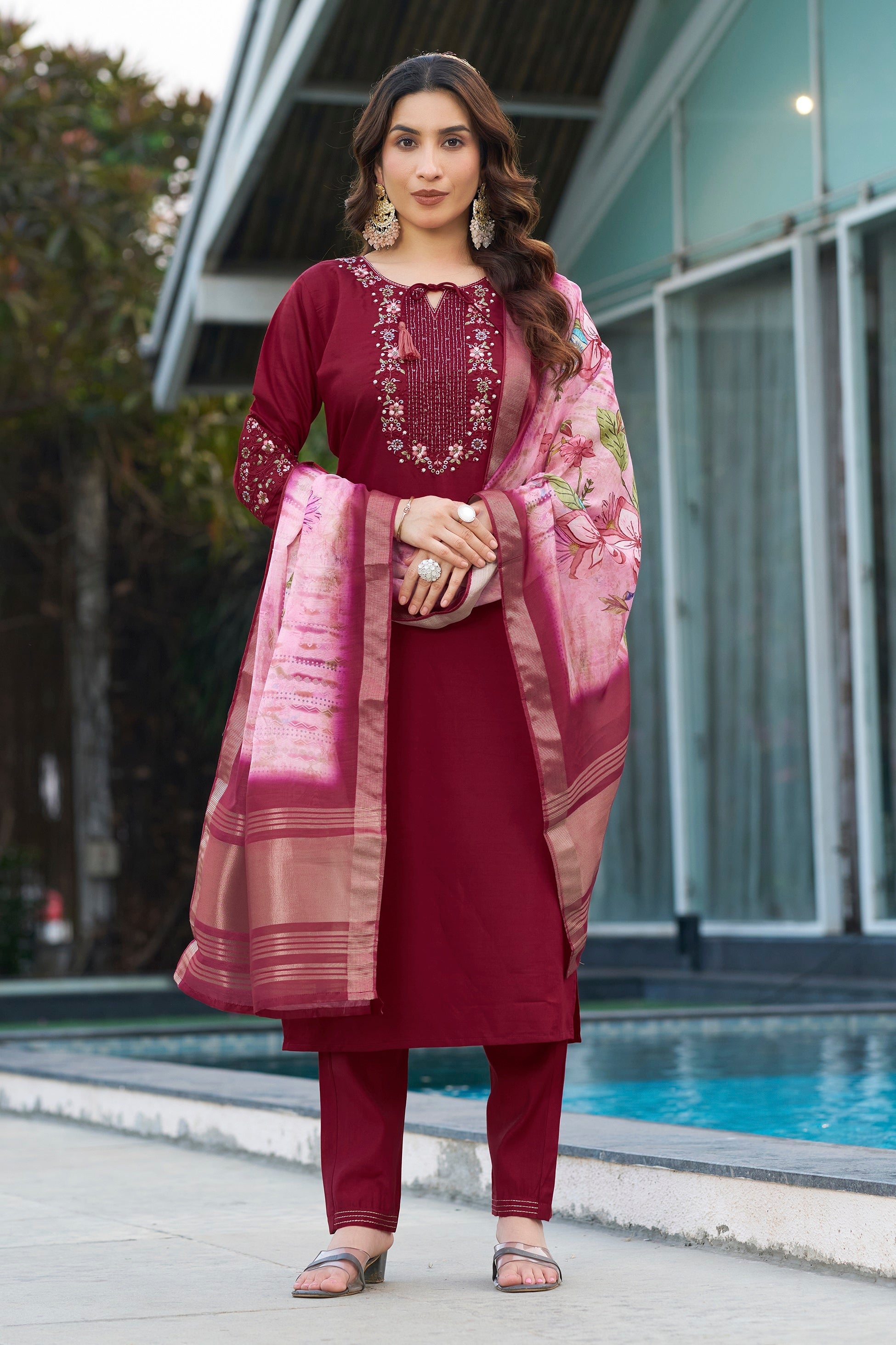 Vedant Vastram Viscose Silk Embroidery & Sequence Work Stitched Kurta Pant Dupatta Set-Maroon