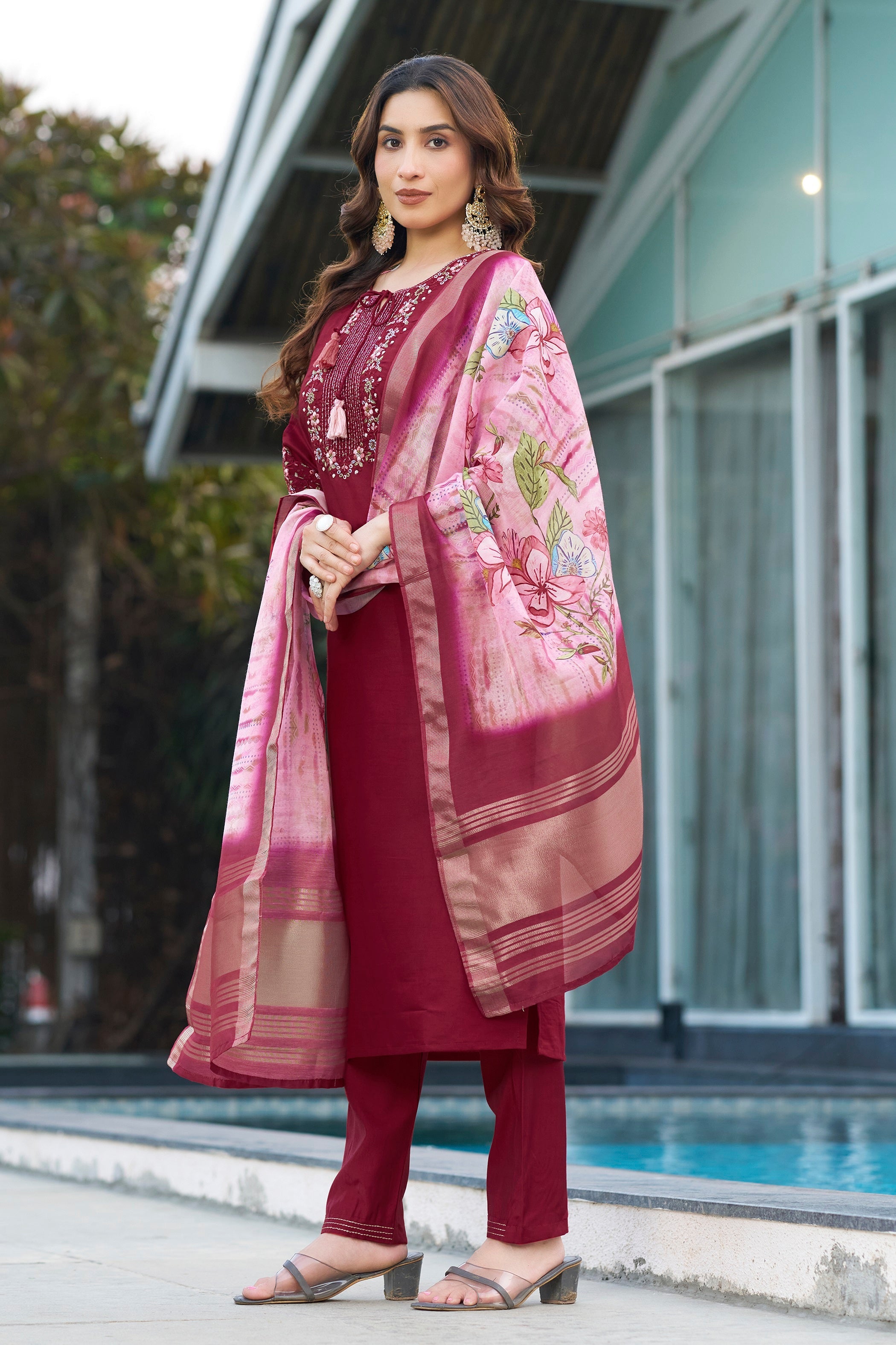 Vedant Vastram Viscose Silk Embroidery & Sequence Work Stitched Kurta Pant Dupatta Set-Maroon