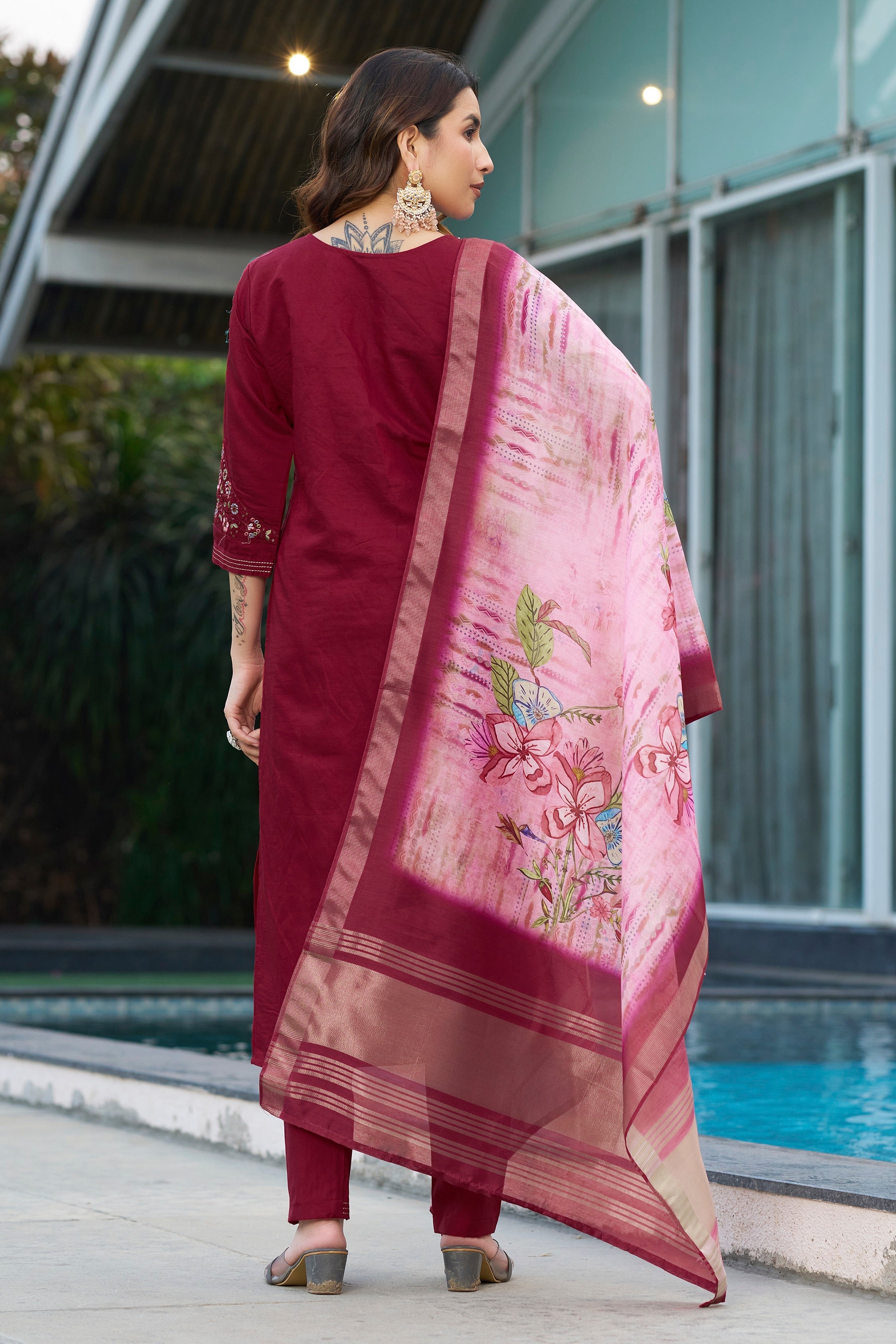 Vedant Vastram Viscose Silk Embroidery & Sequence Work Stitched Kurta Pant Dupatta Set-Maroon