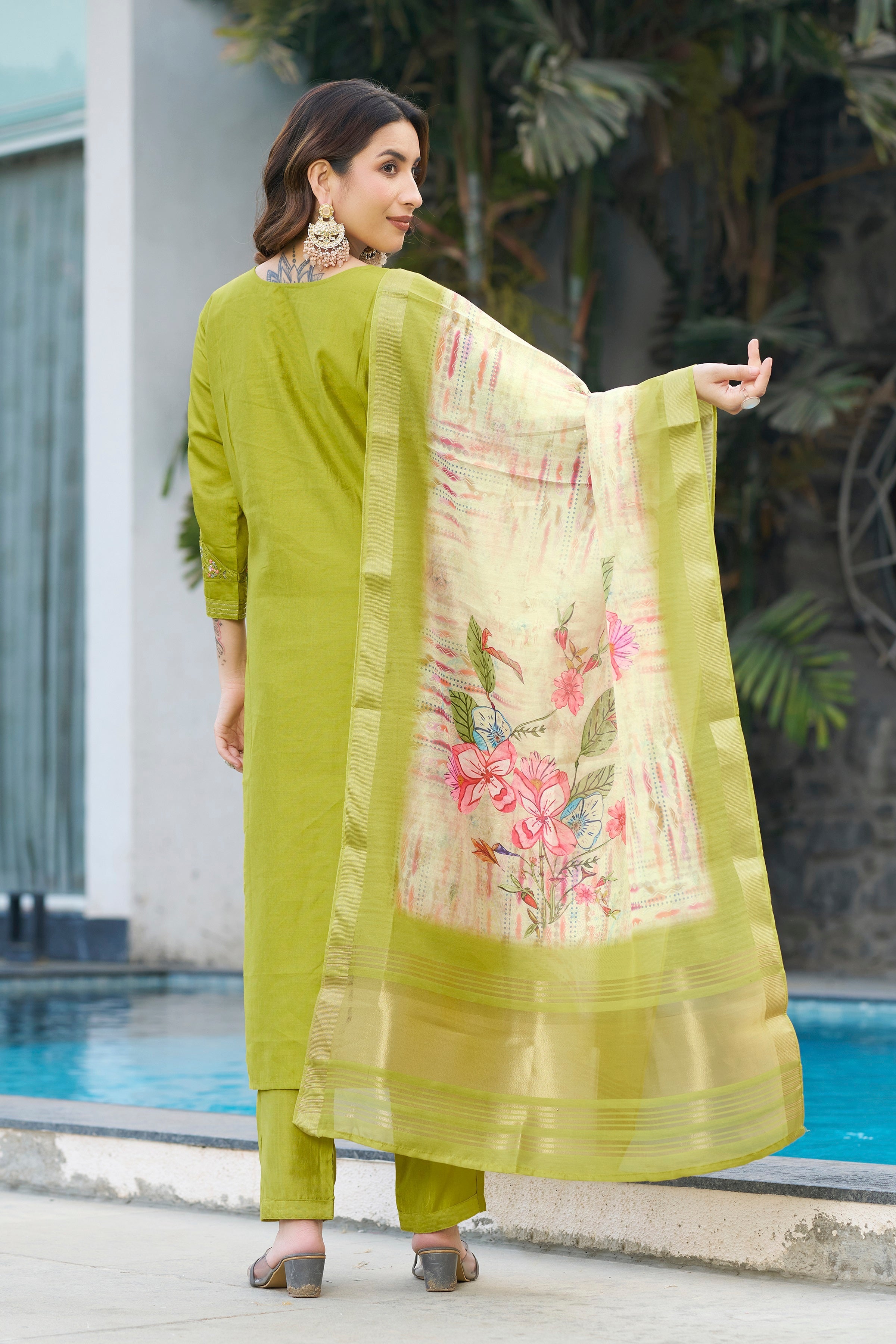 Vedant Vastram Viscose Silk Embroidery & Sequence Work Stitched Kurta Pant Dupatta Set-Parrot Green