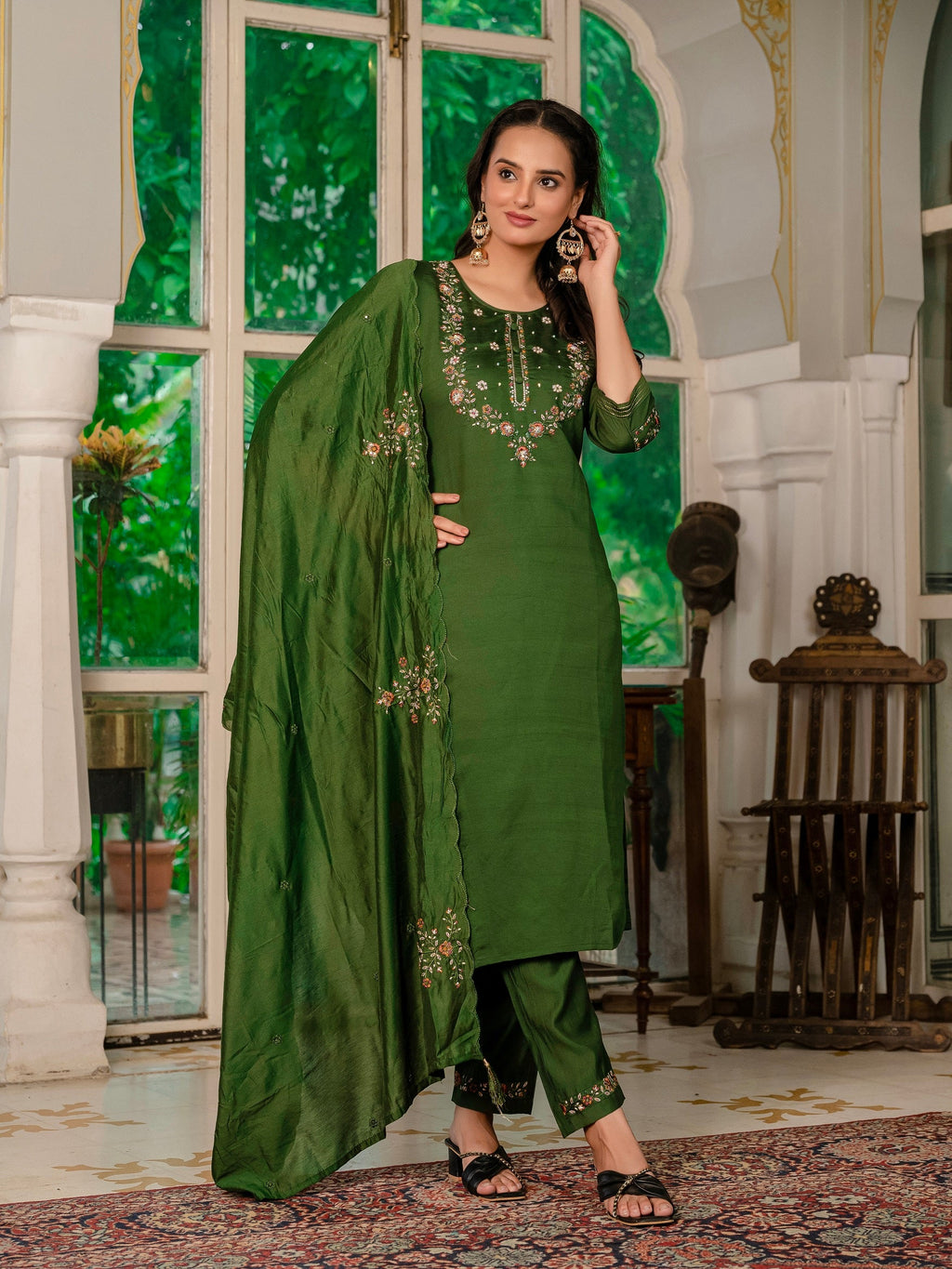 Vedant Vastram Simmer Silk Hand Work & Embroidery Work Stitched Kurta Pant Dupatta Set-Mahendi