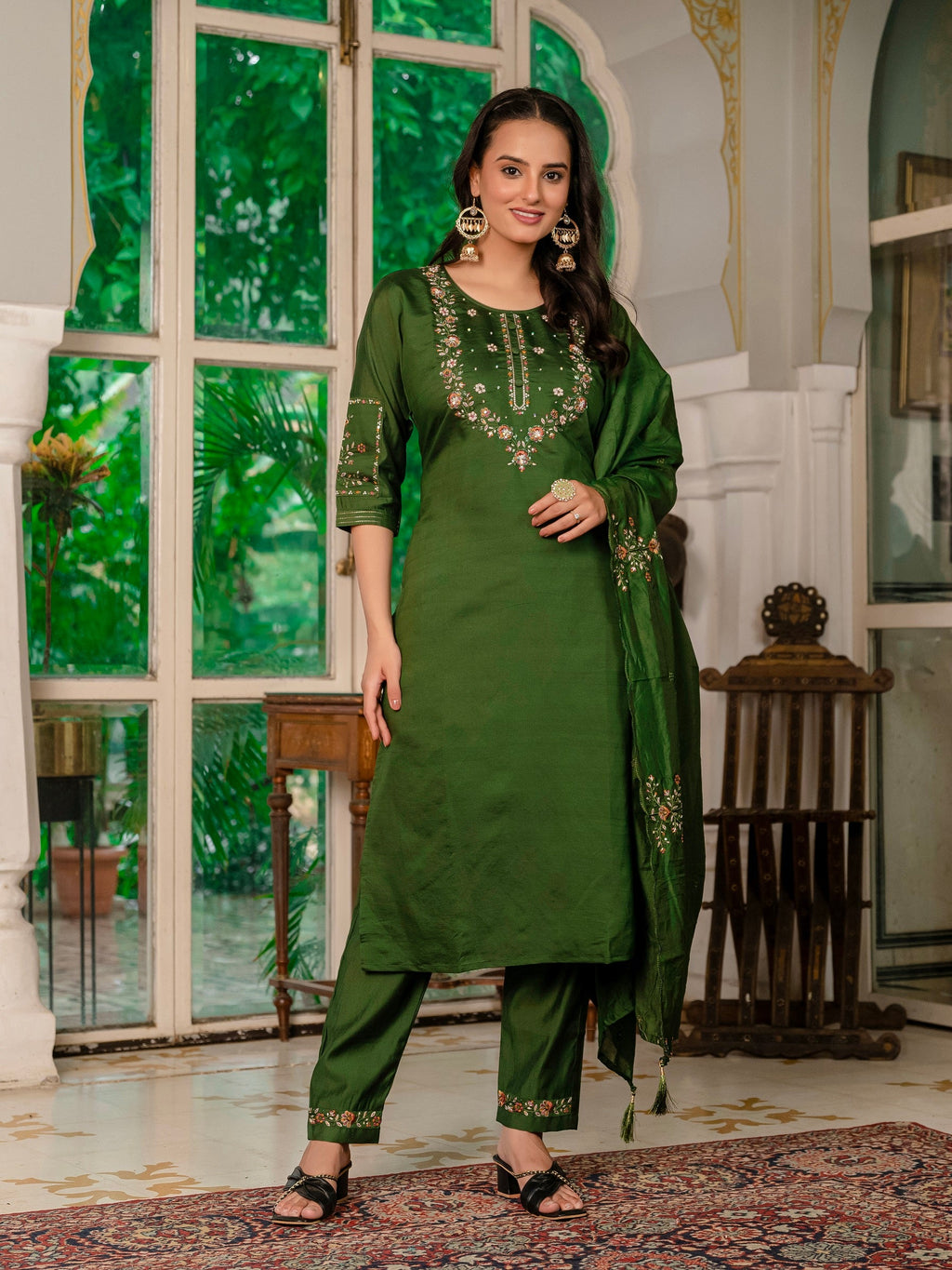 Vedant Vastram Simmer Silk Hand Work & Embroidery Work Stitched Kurta Pant Dupatta Set-Mahendi