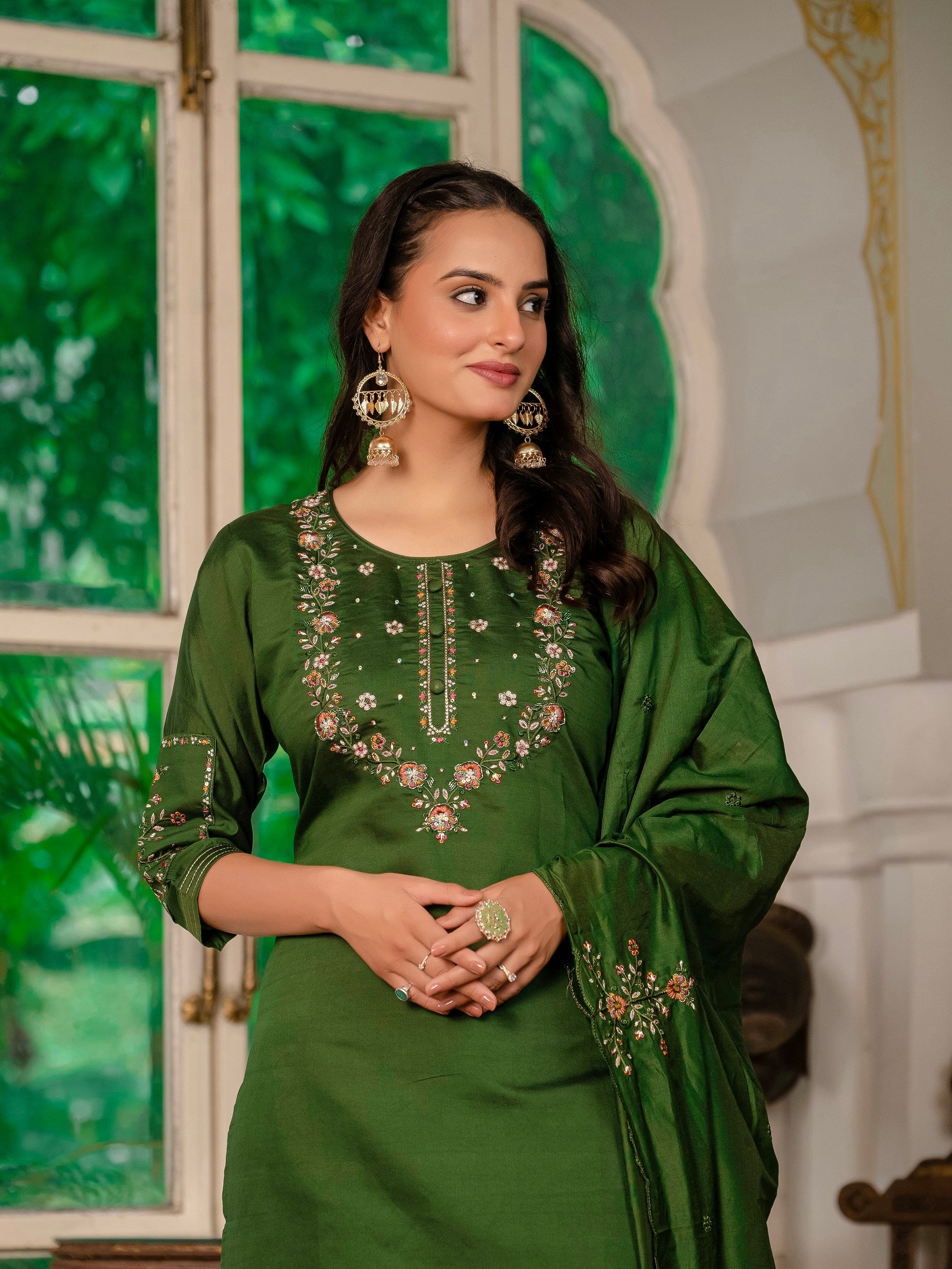 Vedant Vastram Simmer Silk Hand Work & Embroidery Work Stitched Kurta Pant Dupatta Set-Mahendi