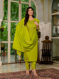 Vedant Vastram Simmer Silk Hand Work & Embroidery Work Stitched Kurta Pant Dupatta Set-Parrot Green