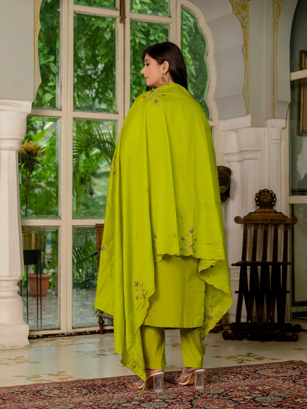 Vedant Vastram Simmer Silk Hand Work & Embroidery Work Stitched Kurta Pant Dupatta Set-Parrot Green