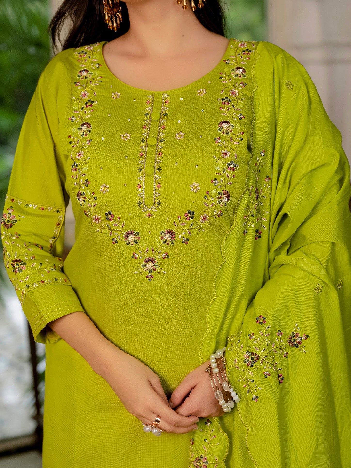 Vedant Vastram Simmer Silk Hand Work & Embroidery Work Stitched Kurta Pant Dupatta Set-Parrot Green