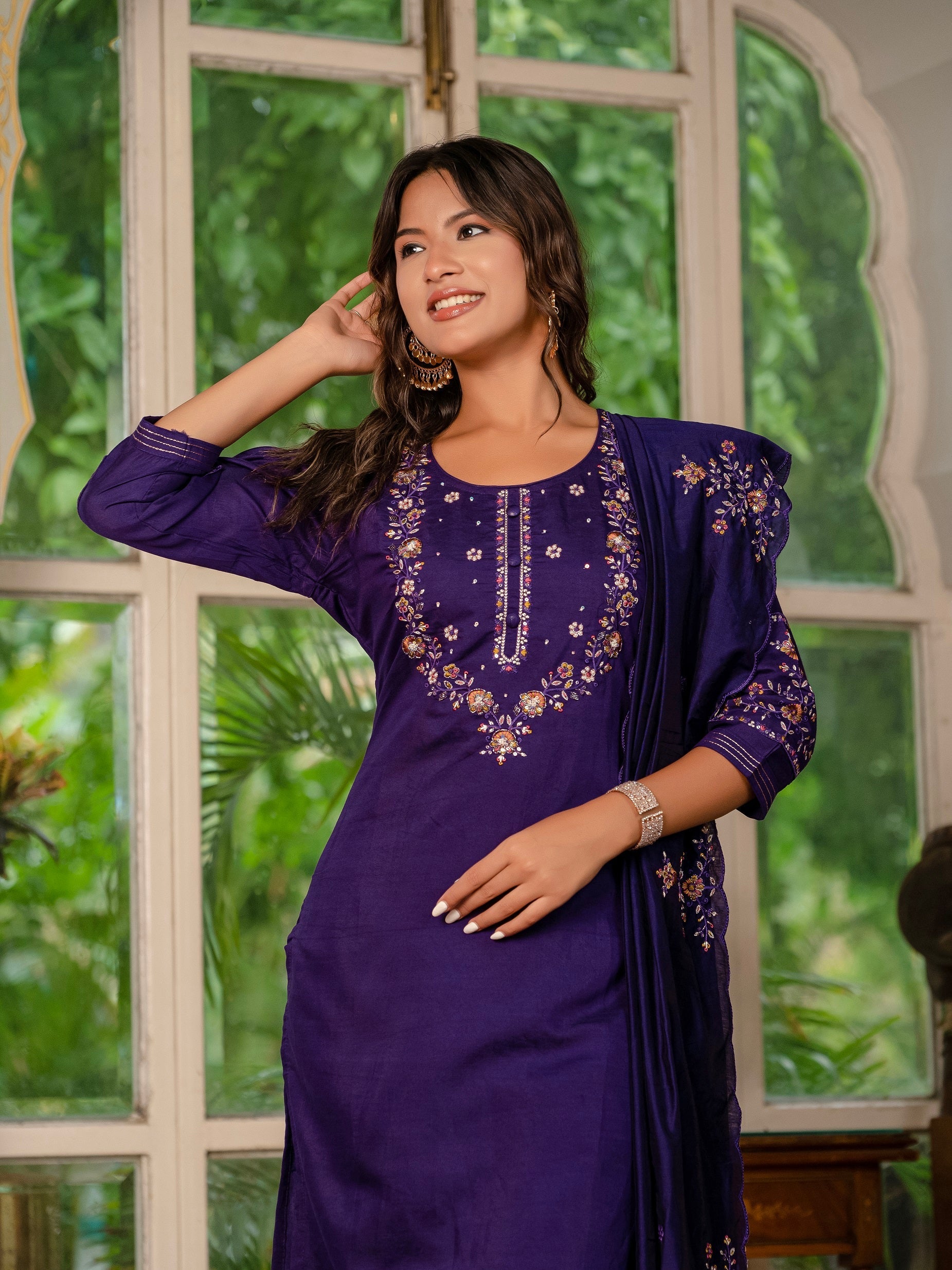 Vedant Vastram Shimmer Silk Hand Work & Embroidery Work Stitched Kurta Pant Dupatta Set-Violet