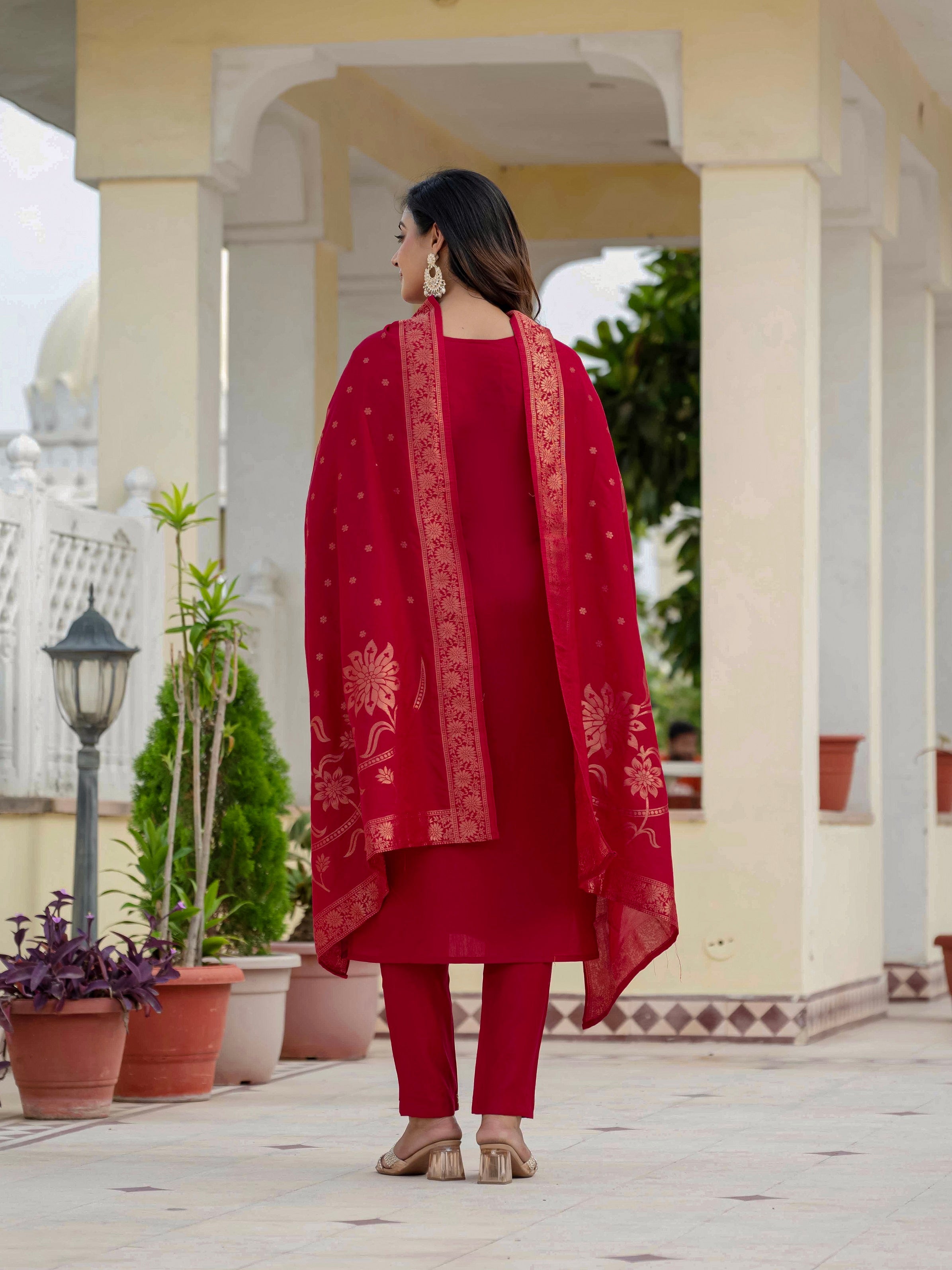 Vedant Vastram Roman Silk Embroidery & Sequence Work Stitched Kurta Pant Dupatta Set-Maroon