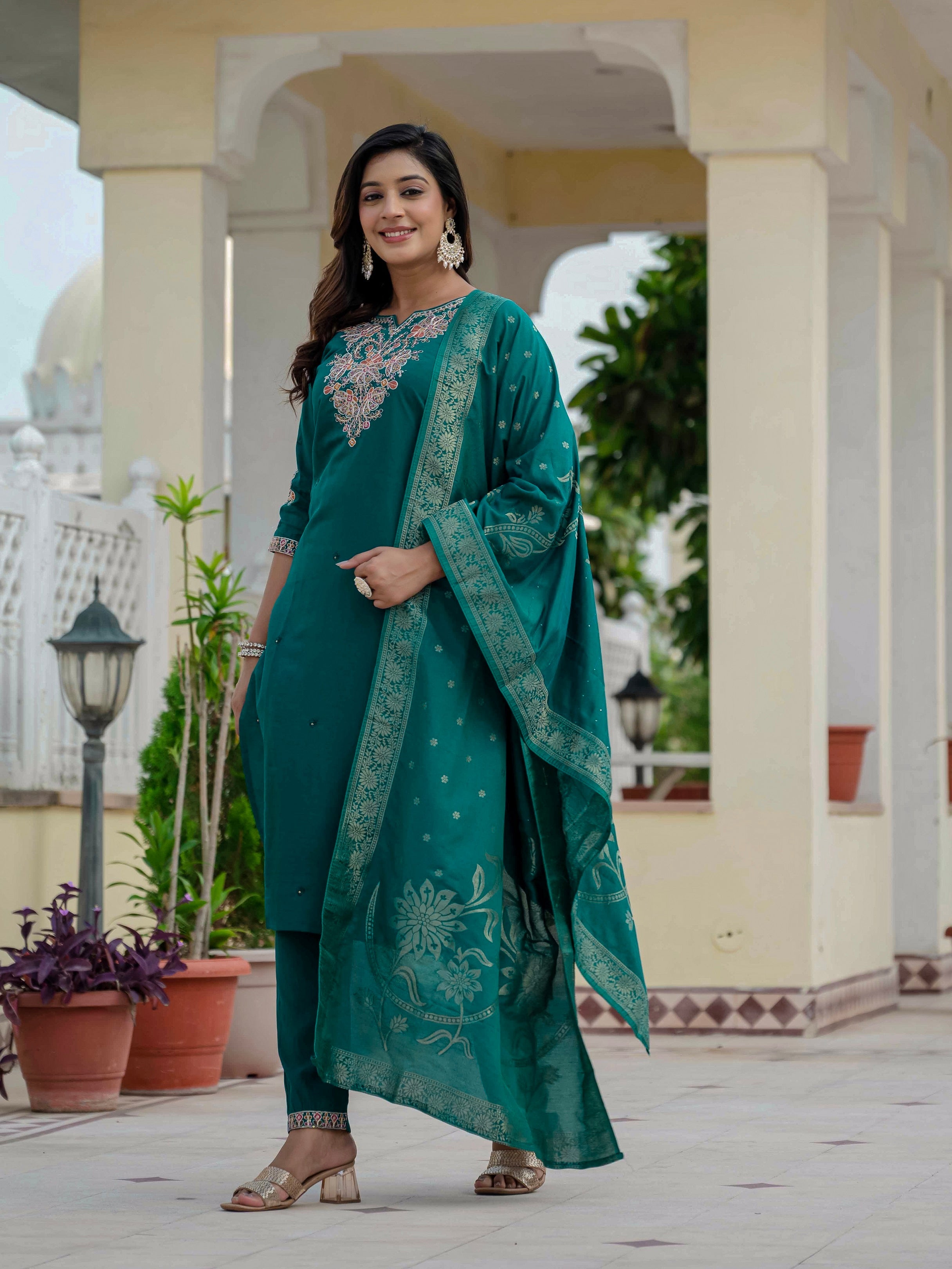 Vedant Vastram Roman Silk Embroidery & Sequence Work Stitched Kurta Pant Dupatta Set-Rama Green