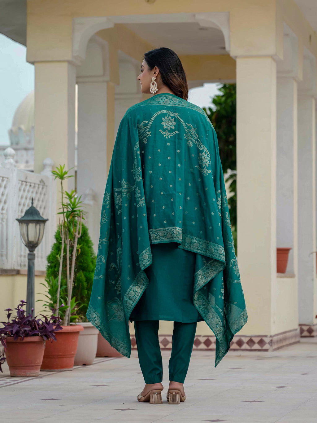 Vedant Vastram Roman Silk Embroidery & Sequence Work Stitched Kurta Pant Dupatta Set-Rama Green