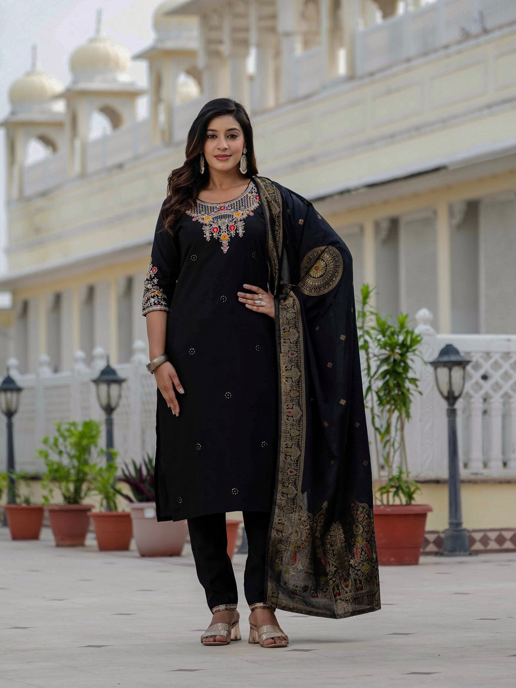 Vedant Vastram Roman Silk Embroidery & Sequence Work Stitched Kurta Pant Dupatta Set-Black