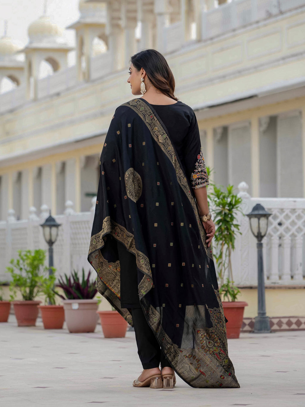 Vedant Vastram Roman Silk Embroidery & Sequence Work Stitched Kurta Pant Dupatta Set-Black