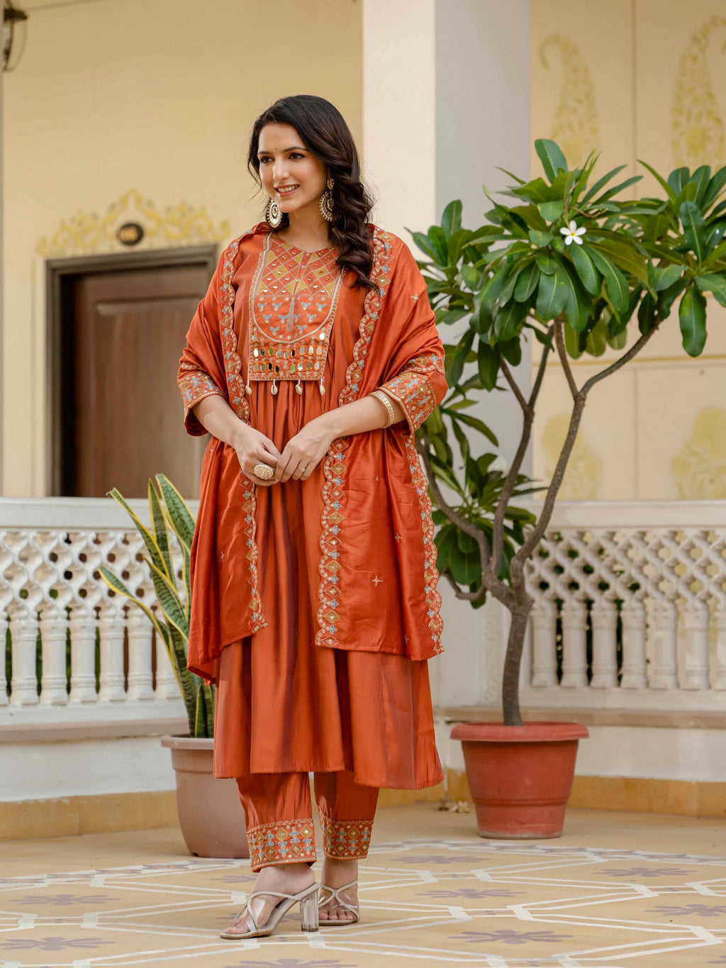 Vedant Vastram Roman Silk Hand Work & Embroidery Work Stitched Kurta Pant Dupatta Set-Orange
