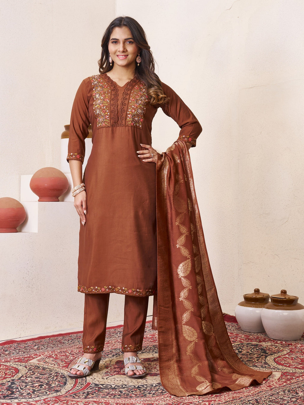 Vedant Vastram Roman Silk Hand Work & Embroidery Work Stitched Kurta Pant Dupatta Set-Brown
