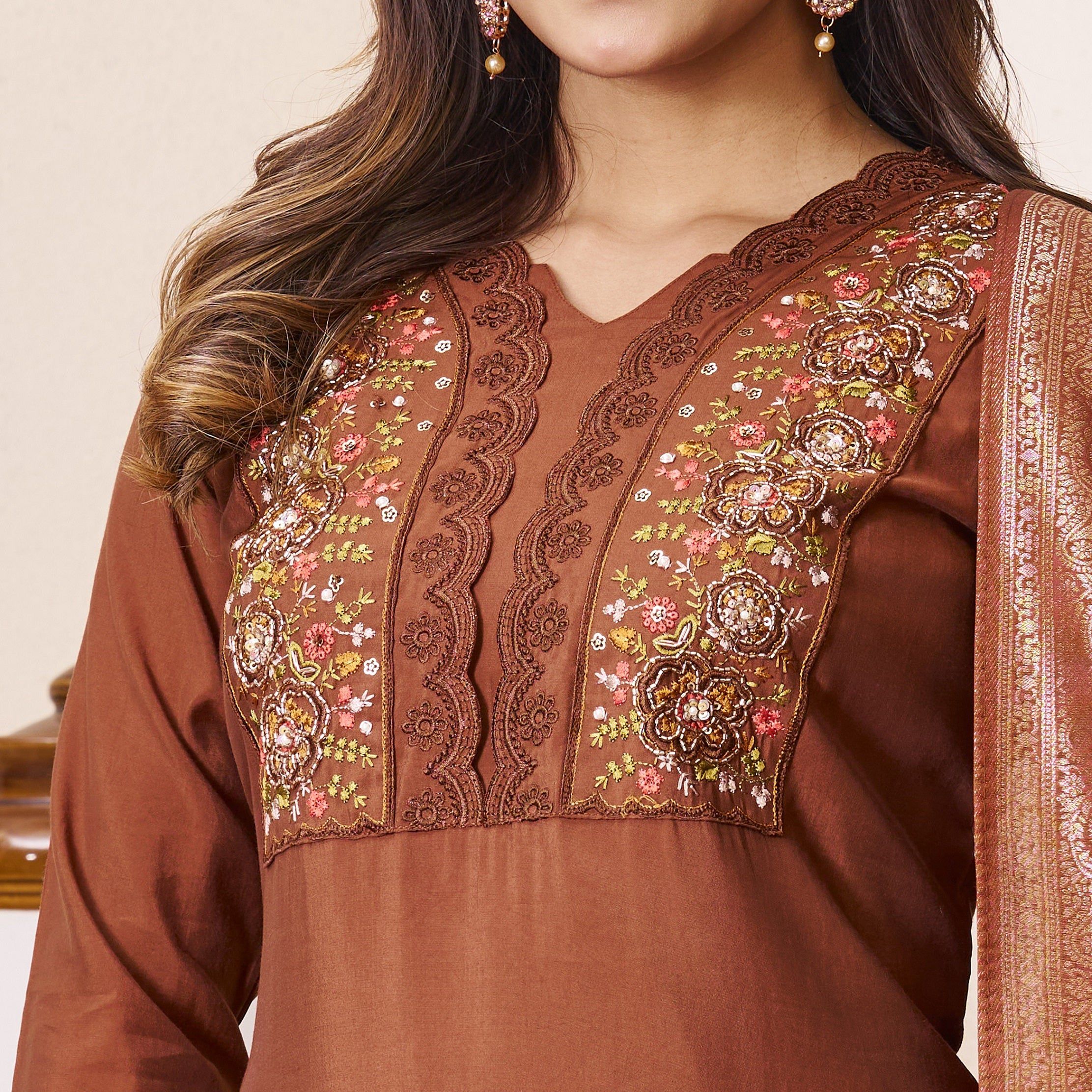 Vedant Vastram Roman Silk Hand Work & Embroidery Work Stitched Kurta Pant Dupatta Set-Brown