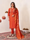 Vedant Vastram Roman Silk Hand Work & Embroidery Work Stitched Kurta Pant Dupatta Set-Coral Red