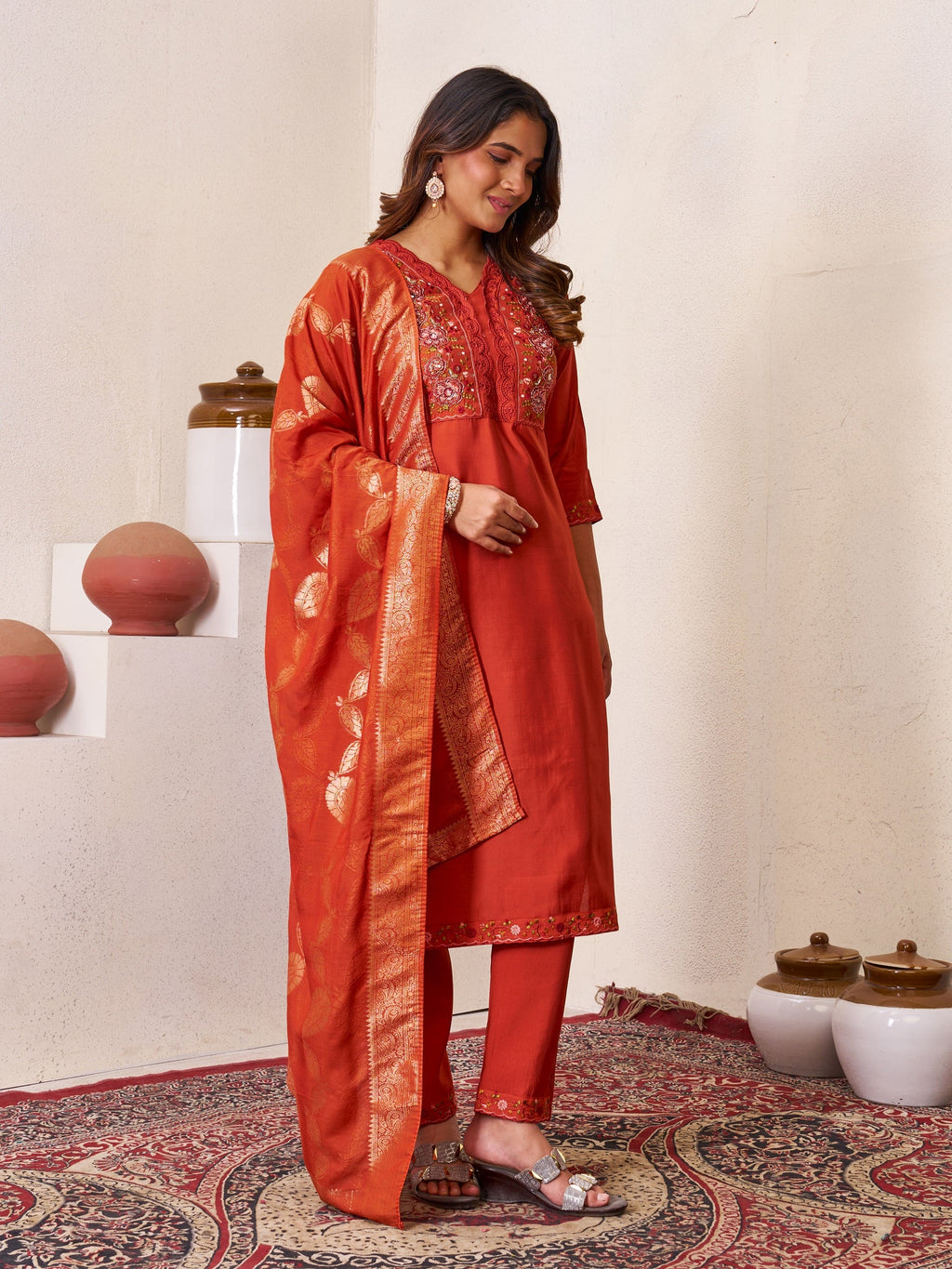 Vedant Vastram Roman Silk Hand Work & Embroidery Work Stitched Kurta Pant Dupatta Set-Coral Red
