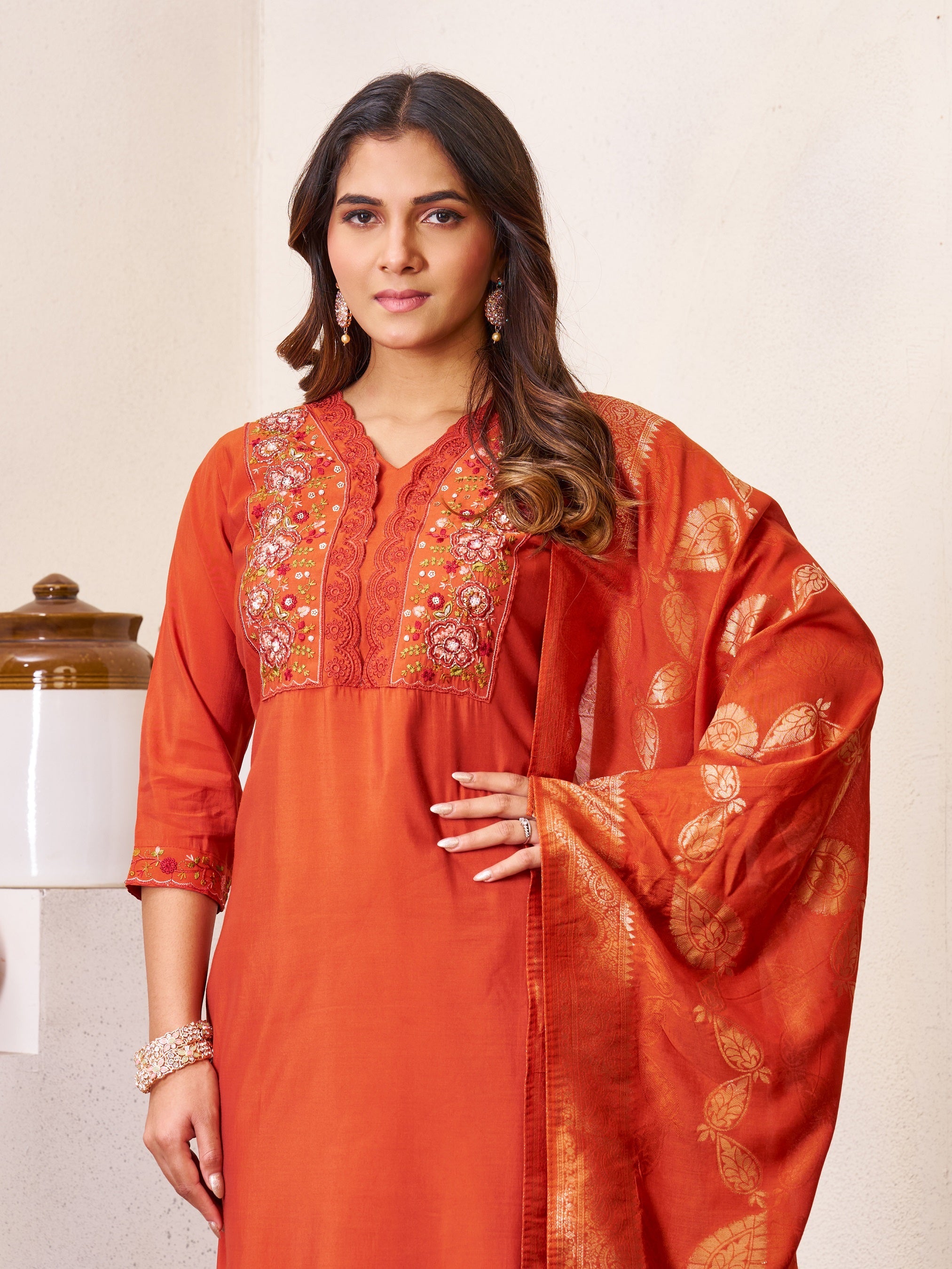 Vedant Vastram Roman Silk Hand Work & Embroidery Work Stitched Kurta Pant Dupatta Set-Coral Red